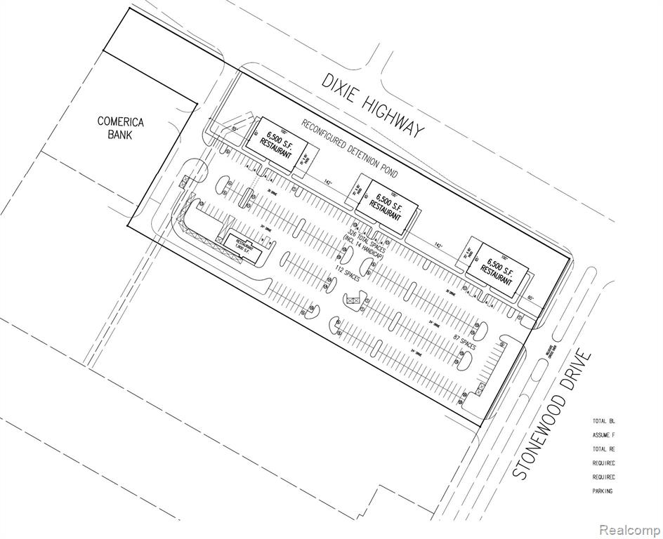 Concept site plans as shown can accommodate (3) 6,500sqft restaurant pads w/ outdoor seating + drive through or (3) 9,000 sqft retail buildings. Owner will consider selling individual pad sites. Site plan is totally flexible. 6.44 acres of commercial land with approx 773 ft of Dixie Hwy frontage in Clarkston just 1.1 miles from I-75 interchange and ramps. 100% of all governmental approvals as a PUD for any kind of reasonable commercial, esp restaurants. Property is physically improved, entrances off Dixie Hwy on both ends of the property and curb cuts are complete. Comerica Bank sits on one end of the property, a high-end assisted living facility is slated for the parcel directly behind the property, and surrounding the com property is a 400 acre res dev called Parks at Stonewood. Kruse’s Deer Lake Inn, a highly successful rest sits across the street. Seller is open to either a J/V, outright sale or ground lease. Mailing address TBD