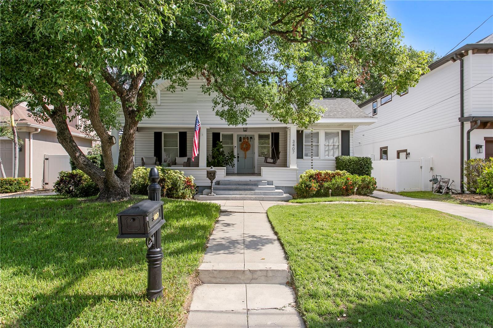 Under contract-accepting backup offers. Welcome home to this beautifully renovated historic bungalow in the heart of Palma Ceia! This home has been completely reimagined, tastefully updated and beautifully designed from top to bottom while preserving its turn-of-the-century character, with the original pine wood floors carefully preserved beneath brand new LVP flooring throughout, a rebuilt fireplace with a custom skim-coated facade, crown molding, and detailed woodwork all throughout. With thirty windows, the home has incredible natural light, and the open floor plan is ideal for entertaining, including a spacious living room, dining room, and family room. A freshly painted interior, all-new interior doors with “Emtek” brass hardware, and elegant new lighting throughout give the home a polished, move-in-ready feel. The beautifully updated kitchen features quartz countertops, grey herringbone tile floors, stainless steel/natural gas appliances, and turquoise cabinets give this kitchen the perfect touch. The primary suite includes a custom-outfitted walk-in closet with integrated lighting and new blinds, plus a second custom closet system in the smaller primary closet; matching custom closet systems were also added along with new plumbing fixtures and added the linen closet and guest room closet for excellent storage throughout. A refurbished bathroom vanity with new plumbing rounds out the interior updates, and new French doors with updated hardware open the sunroom to the rest of the home. A newly framed mudroom adds valuable functional space just off the main living areas. Step outside to the spacious, inviting front porch, perfect for swinging or chatting with neighbors, or head to the backyard, now reimagined with a new privacy fence and gate, fresh turf across the entire yard, a Trex composite deck, and decorative pavers, all made brighter and more open after the removal of two large trees (2025). Major systems have been updated, including a brand new roof (2025) on both the main house and shed, a complete rewire with a new electric panel, transformer, and GFCI outlets, (in 2020) replacement of galvanized piping with CPVC (2019) closed-cell spray foam insulation in the crawl space (2020) and a 40-gallon natural gas water heater (2021). The home also sits in an X flood zone for added peace of mind No flood insurance required. This outstanding, walkable location is within walking distance to top-rated schools including Roosevelt Elementary and Plant High School, as well as fine dining, great shopping, and Bayshore Blvd. Walk to some of the best coffee shops, restaurants and enjoy walking the neighborhood. This location is one of South Tampa’s best pocket’s to live in. It’s convenient to downtown Tampa, Channelside, the Riverwalk, Westshore, the interstate, Tampa International Airport, International Mall, and the Gulf beaches.