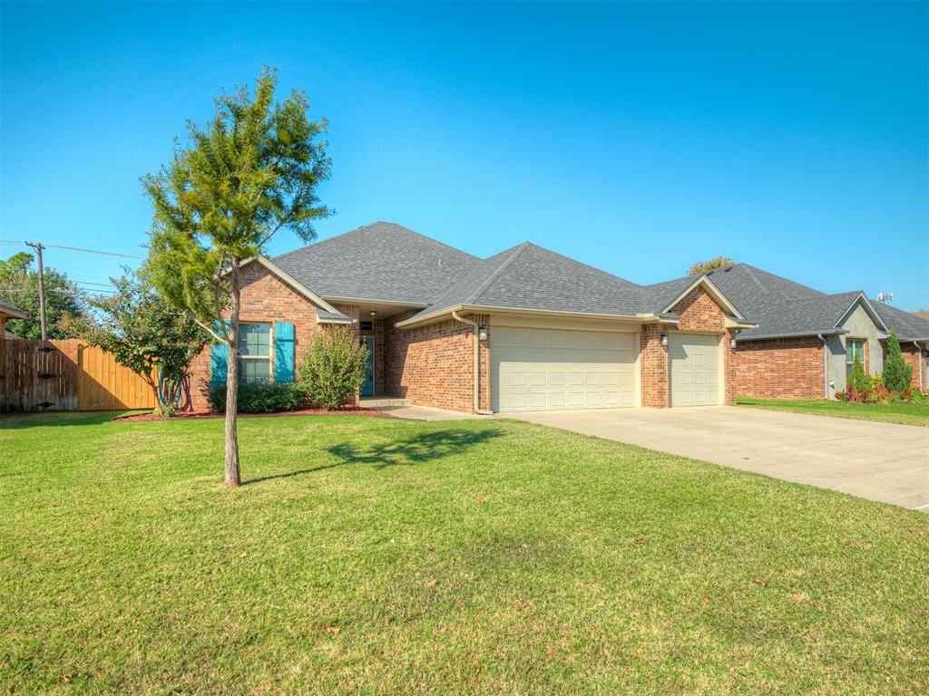 Beautiful 4-Bedroom Home in Briarcreek Addition!
Welcome to this stunning 4-bedroom, 2-bath home with a 3-car garage located in the desirable Briarcreek Addition. This thoughtfully designed split floor plan offers both functionality and flow, perfect for everyday living and entertaining.
Step inside to find an open-concept living area featuring cathedral ceilings and a cozy gas-log fireplace, creating the perfect gathering space for family and friends. The living area opens to the covered patio & nicely fenced backyard, ideal for outdoor entertaining or peaceful evenings at home. The modern kitchen is the heart of the home — complete with stainless steel appliances, a spacious breakfast bar, and a walk-in pantry. A dedicated office nook just off the kitchen provides a quiet, functional space for work or study.
Retreat to your private primary suite, featuring dual granite vanities, a large walk-in shower, a jetted soaking tub, and an expansive walk-in closet that conveniently connects to the laundry/mud room.  You’ll love the ample storage, well-appointed finishes, and thoughtful details throughout. Additional features include full gutters, landscaping, sprinkler and alarm system, and a garage door openers— all within the highly regarded Putnam City School District. The seller recently had the home and carpet professionally cleaned, making this property move-in ready for its next owners.
