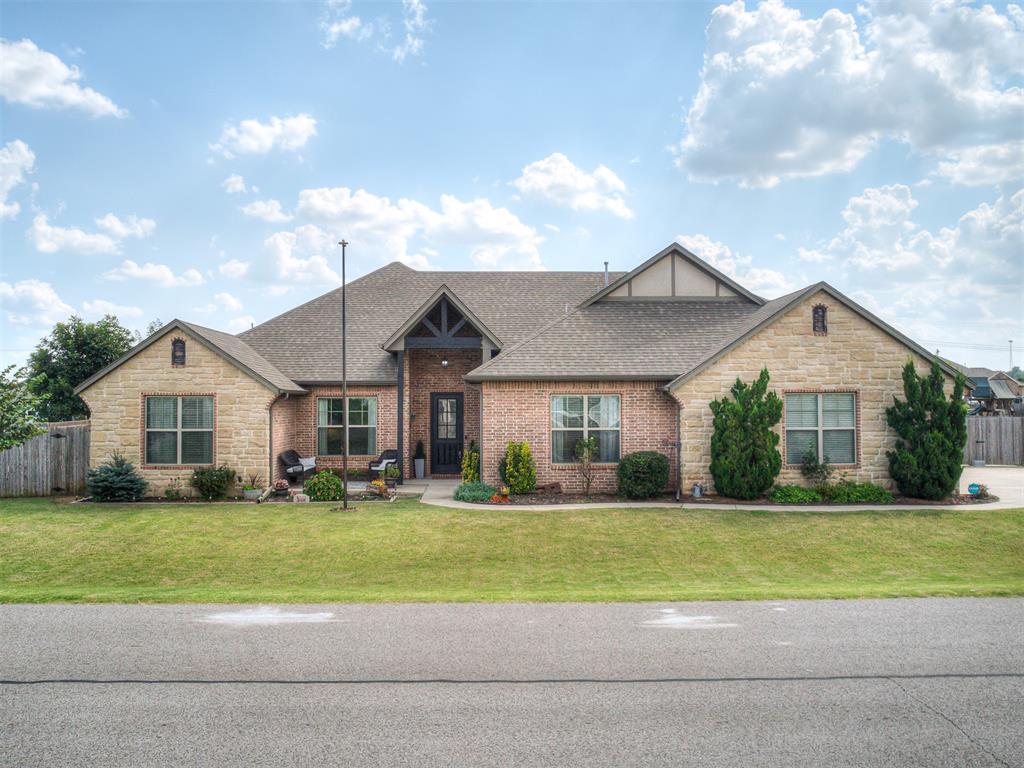 Looking for country living with city conveniences? This one's for you! From the minute you pull up to this beautifully maintained home on half an acre, you'll feel the stress of the day melt away. The floorplan offers so many options that you could utilize the space in dozens of different ways. It has 4 bedrooms, 2 living (the second living has a closet so it could be a really good sized 5th bedroom), 3.5 baths and a flex room that could be used for dining/study/you name it. Walking into the living room you'll love all the windows and the gas fireplace, perfect for stormy Oklahoma nights. The open design is perfect for entertaining, with room for everyone. The kitchen boasts quartzite countertops, a large island with eating space, stainless steel appliances (including double ovens) and a walk in pantry. And if all the cabinet space in the kitchen isn't enough, there is also additional cabinet and counter space in the kitchen dining area, including a minifridge for easy access. The primary bedroom is thoughtfully located at the back of the house and separate from everything else. This will be your retreat at the end of a long day, with an oversized soaking tub and separate walk in shower. Separate vanities mean plenty of counter space and the walk-in closet with built-in shelves provides more than enough storage. But the place you will spend most of your time will be in the backyard oasis these sellers have created. The large covered patio opens up to a sparkling pool surrounded by plenty of lounging space. For additional storage there's a 26x18 foot building behind the fence, with both rolling and walk through doors and you still have a large yard! The best thing about this house though, is its community. They have an annual July 4 parade and party with food trucks, fireworks, etc. Halloween turns into a giant block party and there are additional community events throughout the year. If you're looking for a beautiful home in an active community, this is it!