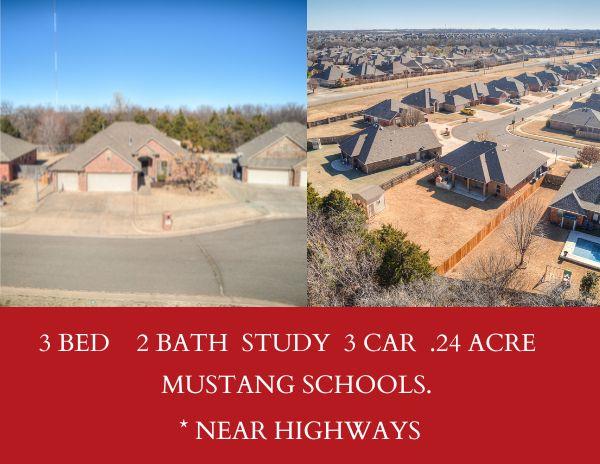 Beautifully maintained home located in Mustang School District, offering comfort, style, and exceptional indoor-outdoor living. The spacious kitchen is a standout feature with granite countertops, stainless steel appliances, rich cabinetry, and a large island ideal for entertaining and everyday living.   The primary suite includes a relaxing whirlpool tub, standing shower and generous closet space. This home offers a grand study with gorgeous wood built-ins. Vaulted ceilings in all bedrooms give a grand open feel.  Thoughtful finishes and neutral tones throughout make this home move-in ready. Step outside to an impressive outdoor kitchen, perfect for hosting gatherings, complete with a built-in sink, grill, and wood-fired pizza oven—a true entertainer’s dream as this home also backs up to a wooded area. The outdoor building has electricity offering a functional shop space. Additional highlights include a storm shelter, ample storage, utility sink in the laundry room, and quality construction throughout. Conveniently located near schools, shopping, and dining, this home blends functionality with standout features you won’t want to miss.