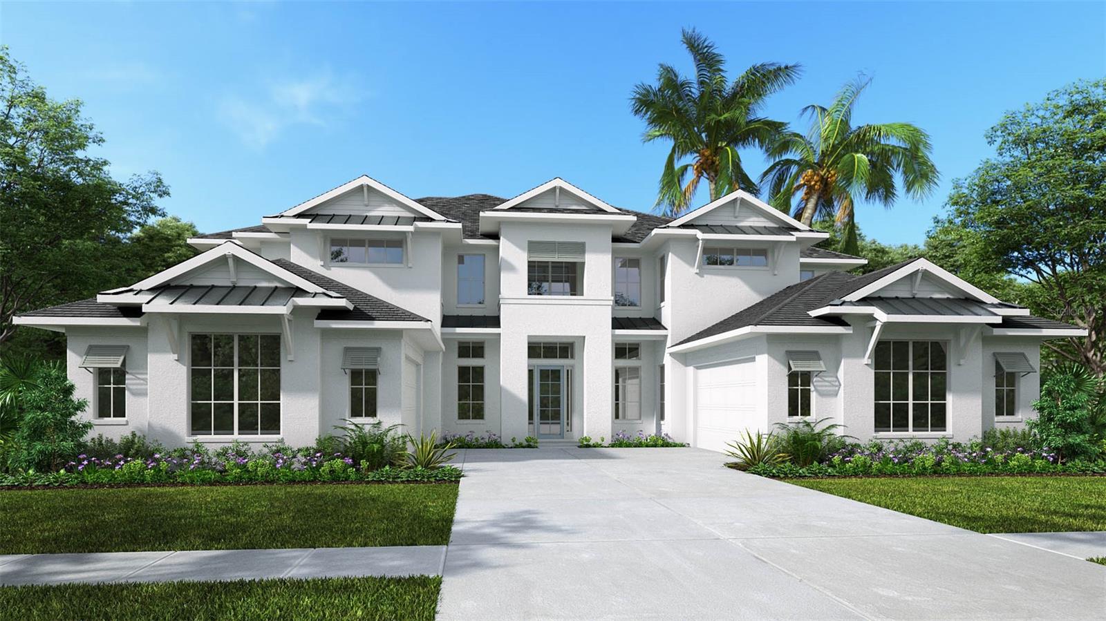 Under Construction. This home plan opens to a two-story entryway with 21-foot ceilings that flows into a spacious family room with a sliding glass door. The floor plan features a dining area that connects to the kitchen, which includes a prep kitchen and walk-in pantry for added functionality. A private primary bedroom is located on the first floor and offers a primary bath with dual vanities, two glass-enclosed showers, a freestanding tub and generous walk-in closets. Also, downstairs there is a home office with French doors, a guest suite featuring a private bathroom, and one-half bath. Upstairs, a game room overlooks the two-story family room below, and three secondary bedrooms each include their own full bathroom, along with an additional half bath and ample storage space. The covered lanai showcases a two-story ceiling and provides seamless indoor-outdoor living. This home plan includes a four-car split garage.