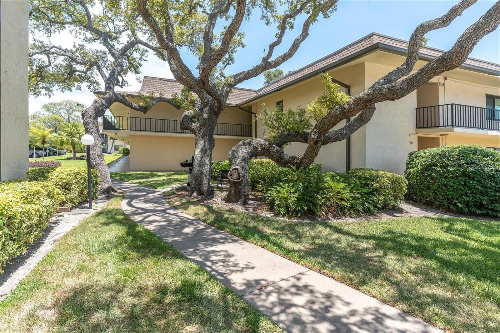 WELCOME to this BEAUTIFULLY FURNISHED FIRST-FLOOR CONDO situated adjacent to the GOLF COURSE in the highly desirable VILLAS DE GOLF, a vibrant 55+ resort-style community. This move-in-ready home offers 2 BEDROOMS, each with its own ENSUITE BATHROOM, providing comfort and privacy for both owners and guests. Primary Bath features a WHIRLPOOL JETTED WALK- IN TUB/SHOWER.The SPACIOUS KITCHEN features AMPLE CABINETRY, QUARTZ COUNTERTOPS WATERFALL AND BACKSPLASH, NEWER STAINLESS STEEL APPLIANCES, a NEW STAINLESS STEEL SINK and faucet, BREAKFAST BAR, and a cozy DINETTE. The LARGE LIVING ROOM, accented by a classic tongue-and-groove ceiling, flows into a bright FLORIDA ROOM overlooking the HEATED POOL, with pool access just steps from your door.Recent updates include a NEW HOT WATER HEATER, NEW ELECTRICAL PANEL, and NEW STORM DOOR. The condo also includes ASSIGNED COVERED PARKING.The monthly maintenance fee covers cable, internet, water, sewer, trash, landscaping, building insurance, reserves, amenities, and more, making for easy, worry-free living.MAJOR COMMUNITY IMPROVEMENTS HAVE ALREADY BEEN COMPLETED, including ROOFS, ELEVATORS, IRRIGATION, ELECTRICAL SYSTEMS, CARPORTS, AND FULLY FUNDED RESERVES, giving buyers added peace of mind. Villas de Golf is a well-maintained, financially stable community known for its welcoming atmosphere.Residents enjoy exceptional amenities including a HEATED POOL, TENNIS AND PICKLEBALL COURTS, SHUFFLEBOARD, CLUBHOUSE, SOCIAL ACTIVITIES,  and BBQ AREAS.Ideally located just 10 MINUTES from Florida's BEAUTIFUL GULF BEACHES, you'll also be close to shopping, restaurants, parks, the Southwest Recreation Complex, offering fitness facilities, classes, and year-round activities and the LARGO GOLF COURSE.Whether you're searching for a full-time residence or the perfect seasonal getaway, this condo delivers the ideal combination of comfort, convenience, and carefree Florida living. FURNISHINGS ARE INCLUDED, so simply pack your suitcase and start enjoying your new home.