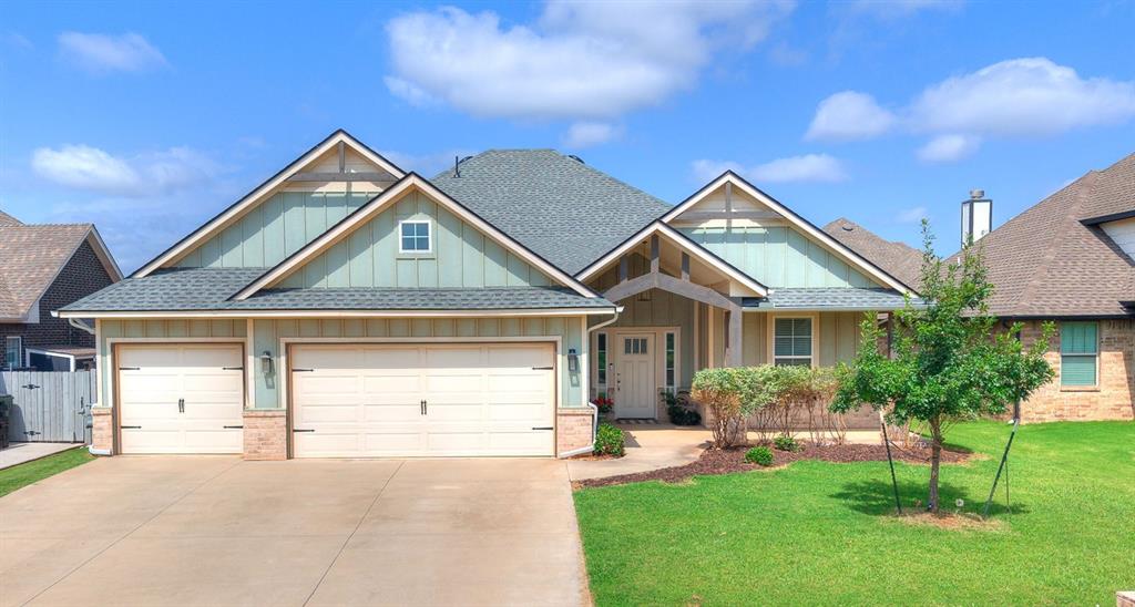Welcome to this stunning Craftsman-style home offering 4-bedrooms, 3-car garage, and a brand-new roof in the highly desirable Cedar Lane community. Ideally situated on the Boulevard just steps from the neighborhood park, this thoughtfully designed home combines timeless craftsmanship with modern luxury. The spacious three-way split floor plan provides exceptional privacy, while soaring vaulted ceilings accented with exposed wood beams create an inviting atmosphere throughout the open-concept living space. A gas fireplace, activated with the flip of a switch, serves as a beautiful focal point, and the kitchen is truly a Chef's delight equipped with a gas range, pot filler, oversized island with bar seating for four, walk-in pantry, elegant glass-front display cabinetry, designer tile, beautiful quartz countertops, and an adjoining dining area perfect for everyday living or entertaining. The private primary suite is a true retreat, featuring a tray ceiling, spa-inspired bath with a freestanding soaking tub, and an oversized walk-in closet that conveniently connects directly to the laundry room. Double sink vanity and an alcove walk-in shower with ceiling and angled wall shower-head, complete the spacious bathroom. Additional highlights include a mudroom off the rear entry, full length front porch and covered back patio, sprinkler system, double-pane windows, storage space galore including linen storage in the hallway, and a beautifully appointed designer quality secondary bathroom. Residents of Cedar Lane enjoy exceptional neighborhood amenities, including scenic walking trails, a large private park, community pool, and pool house, all within minutes of the University of Oklahoma, shopping, dining, and entertainment. With its premium location, thoughtful design, and impressive list of upgrades, this exceptional home is one you won't want to miss. Seeing is believing! Please join us for our open house showings Saturday, August 1st and Sunday, August 2nd from 2:00-4:00