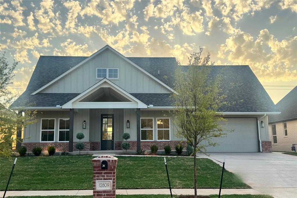 Featured in the Fall Parade of Homes! This fabulous single-story new construction home offers a thoughtful layout with exceptional functionality and designer finishes throughout. Enjoy hardwood flooring throughout main areas, kitchen backsplash to the ceiling, Saltillo tile gas fireplace, and more upgrades!The open-concept kitchen, living, and dining areas create the perfect setting for both entertaining and everyday living. The living room showcases a stunning cathedral ceiling accented by wood beams, while the u-shaped kitchen provides ample storage and workspace for hosting family and friends.The spacious primary suite features separate his-and-hers vanities with a dedicated makeup area, a built-in linen cabinet, a freestanding soaking tub, curbless walk-in shower, and direct access from the huge primary closet to the laundry room with utility sink and mud bench for ultimate convenience.Additional highlights include a dedicated study, a conveniently located powder bath for guests, and two secondary bedrooms served by a well-appointed full bath with additional built-in linen storage.The tandem three-car garage offers extra space for vehicles, storage, or hobbies.Don't miss your opportunity to own this beautiful new home in one of NW OKC's most desirable communities.