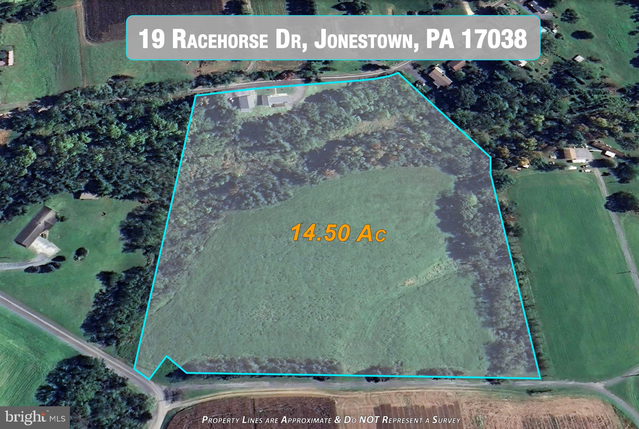 Approximately 14.5 picturesque acres.  Included is a large level field (currently being farmed by a local farmer) with a wooded backdrop, a small creek which runs along the back of the property,  and a small Pond.   Many possibilities......  Choose your own builder to build your dream home, or entertain other possibilities-  please check with East Hanover Township for acceptable uses.    ** 11/25 Update: Seller has initiated a small subdivision to remove the building & structures currently along Racehorse Drive.  The net salable property will be approximately 14.5 acres of land (with no structures on it).