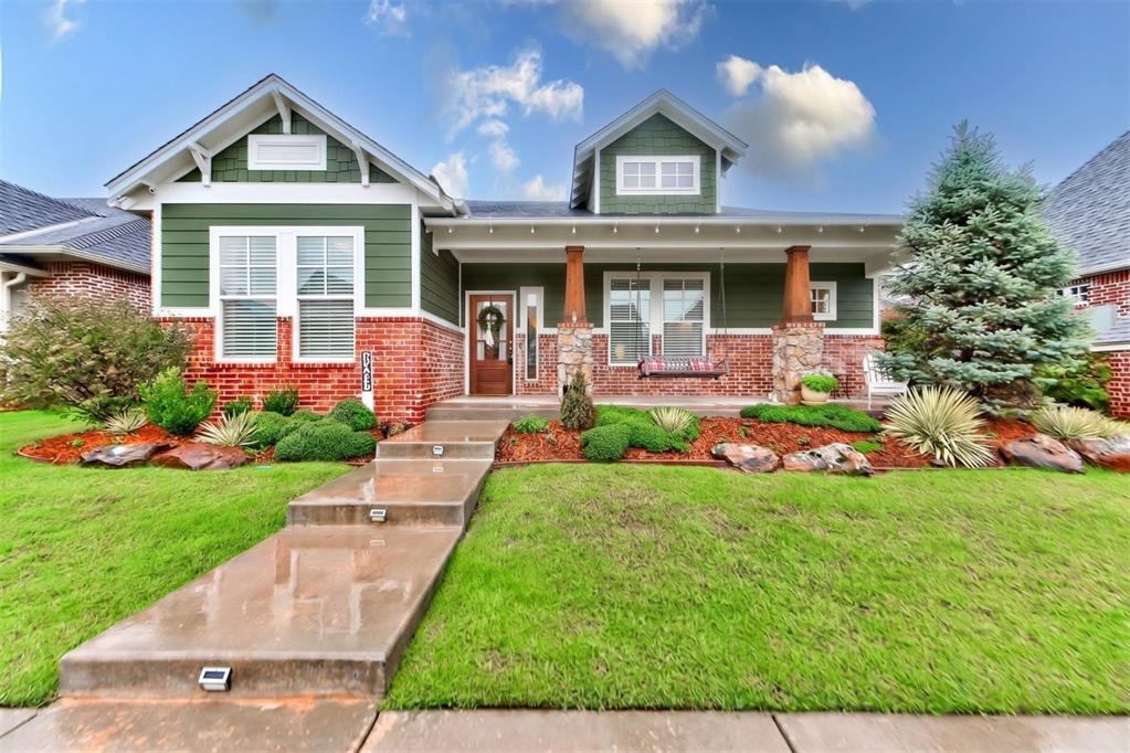 Welcome to this One-of-a-kind Craftsman Beckett Plan in the historically inspired community of Town Square in East Edmond! This is the only Beckett that includes a study, increasing the square footage to 1737, and making it a 3 BED PLUS STUDY! The Curb appeal is the first thing you will notice as you drive up with Mature Landscaping, a large Covered Front Porch, and Fresh Exterior Paint! Upon entering there is White Oak Hardwood flooring that runs seamlessly throughout the main areas! The Living is quite the spectacle with its Wood Plank Trey Ceiling, Impressive Fireplace, and Built-in Media Cabinet with window bench! Not to mention the Wall of Windows with Custom Bali Roman Shades! The Kitchen was built to impress with floor-to-ceiling Custom Cabinetry…the uppers have glass fronts with cabinet lighting, and there is under cabinet lighting below! You will also find a Corner walk-in Pantry, Stainless appliances, Farmhouse Sink, & Gas Range! There is also a Custom Banquette in the dining with hidden storage and outlets! Out back is a large covered patio and wrought iron fencing! Additional Upgrades: * Extended 2 Car garage w/ insulated garage walls & insulated garage door *Surround sound in living *Bosch ultra-quiet dishwasher *STORM SHELTER * CAT5 data lines in primary, living and study *Outlet in living floor & top of mantle *Sherwin-Williams Rain Refresh Exterior paint (3/25) * Fresh stain on front door (3/25) * VersaLift electric attic lift in garage (3/26) * Elevated, heavy-duty garage storage rack. The Neighborhood Amenities include  a greenbelt, fishing pond w/ fountain & floating deck, community garden, playground, and wooded walking trails. The Plaza Section Annual Dues also include weekly lawn mowing and edging Spring to Fall, as well as, snow removal in Winter, Residents Clubhouse with Resort Style POOL, Fitness center, and the Teen Rec Center! Town Square also has year round holiday events, including pool parties, book clubs, game nights, and MORE!