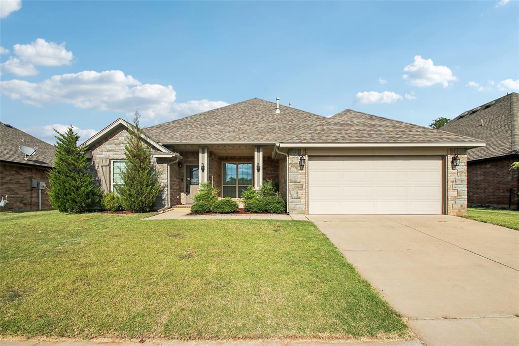 True 4-bedroom, 2.5-bathroom home with two living areas and great curb appeal, featuring a large covered front porch. Open concept layout with tile flooring in the main living, dining, and kitchen areas. Kitchen includes an island with breakfast bar and stainless steel appliances. The second living area, located between the primary suite and laundry/half bath, has carpet. Primary suite includes double vanities, garden tub, separate shower, and two walk-in closets. Three additional bedrooms and afull bathroom are on the opposite side of the home. Backyard is fully fenced with a covered patio and moveable fire pit (included). Home also features a storm shelter, alarm system, and was HERS rated at time of construction. Neighborhood amenities include a playground, swimming pool, clubhouse with fitness center, and walking trails. Home comes with presidential pool table valued at approx $4000.