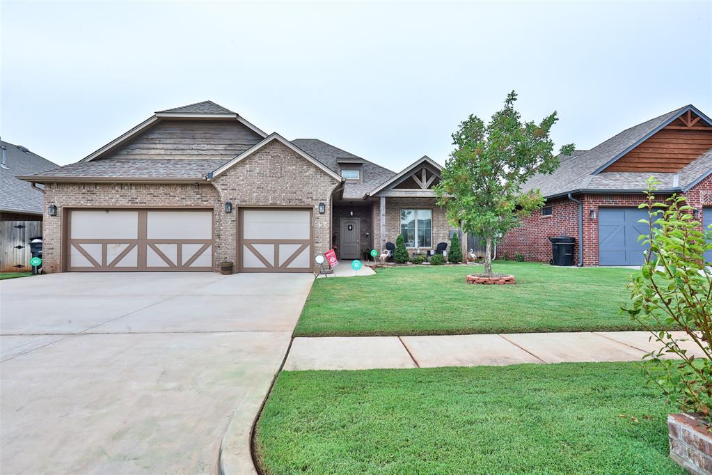 Wow!  Take a look this beautiful home that has a ton to offer.  Open concept home is a split floor plan where secondary and primary bedrooms are separate from each other.  Living room and kitchen huge, providing lots of natural light along with plenty of cabinet and counter space.  Kitchen also features additional counter space for your mixers, coffee machines, etc.  Gas stove was replaced.  Home has separate mud room / laundry area.  Secondary bedrooms are of good size with one of the rooms features a Murphy bed.  Primary suite features dual sinks, separate shower and tub along with huge walk in closet.  As you walk in the home there is an additional flex room you can use (study, office, game room, dining room...your choice).  Outdoor amenities include covered porch and patio, sprinkler system & fully guttered. Storm shelter located in garage.  Easy access to I-35, I-240 and minutes away from Tinker AFB, downtown OKC and Norman.  Call for your private showing today!