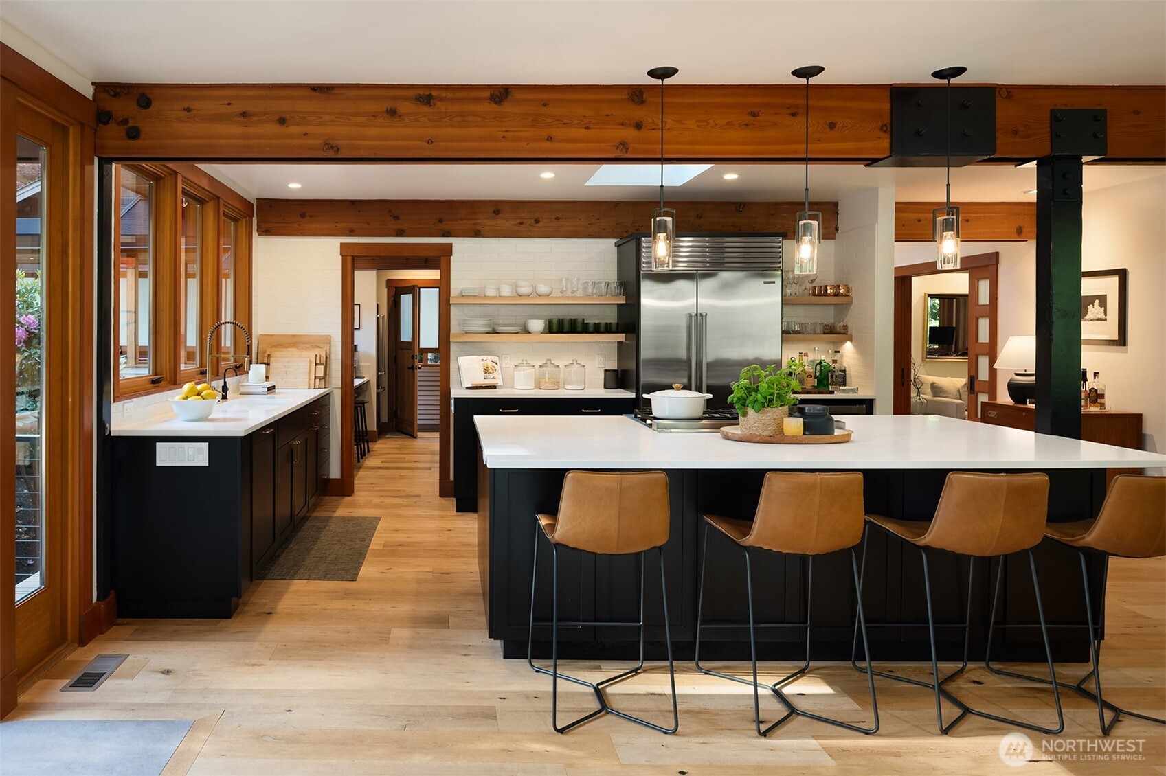 Kitchen shelving and stainless appliances