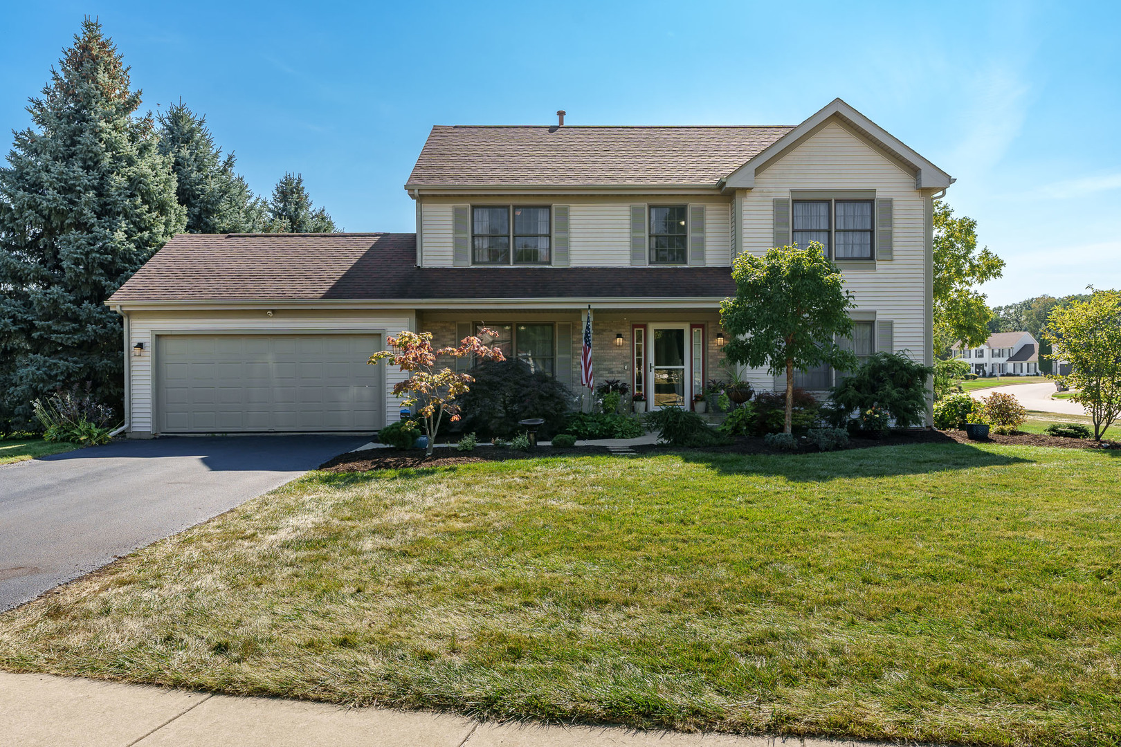 Check out this beautifully updated two-story home in the sought-after Southhampton subdivision! Ideally situated just minutes from the tollway, shopping, restaurants, and the new casino, this three-bedroom, 2.5-bath residence offers over 2,200 sq ft of living space on a large corner lot with stunning landscaping and curb appeal. Inside, you'll find a light-filled entry flanked by spacious formal living and dining rooms with engineered hardwood floors. The updated eat-in kitchen features new stainless-steel appliances, gray cabinetry, and a pantry closet, flowing seamlessly into the bright family room with a wood-burning fireplace with a convenient log lighter. A half bath and main-floor laundry complete the first level. Upstairs, the primary suite impresses with a spacious walk-in closet, rarely found in homes of this style, and a private bath with dual vanities, a jetted tub, and a separate shower. Two additional bedrooms and a full bath complete the second floor. The full basement provides excellent storage and potential for future expansion. Enjoy outdoor living with a large deck and yard, along with an attached two-car garage and a spacious storage shed. Located in RPS 205 and close to parks, shopping, and numerous amenities-this move-in-ready home has it all!