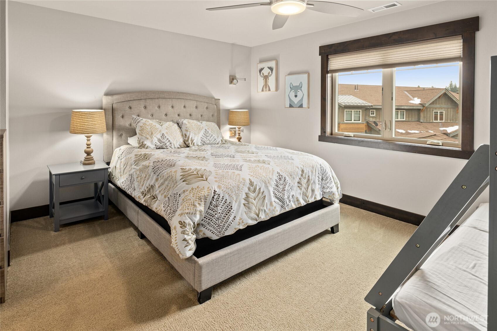 4th bedroom front view of Queen bed. All rooms have dressers and end tables and lamps