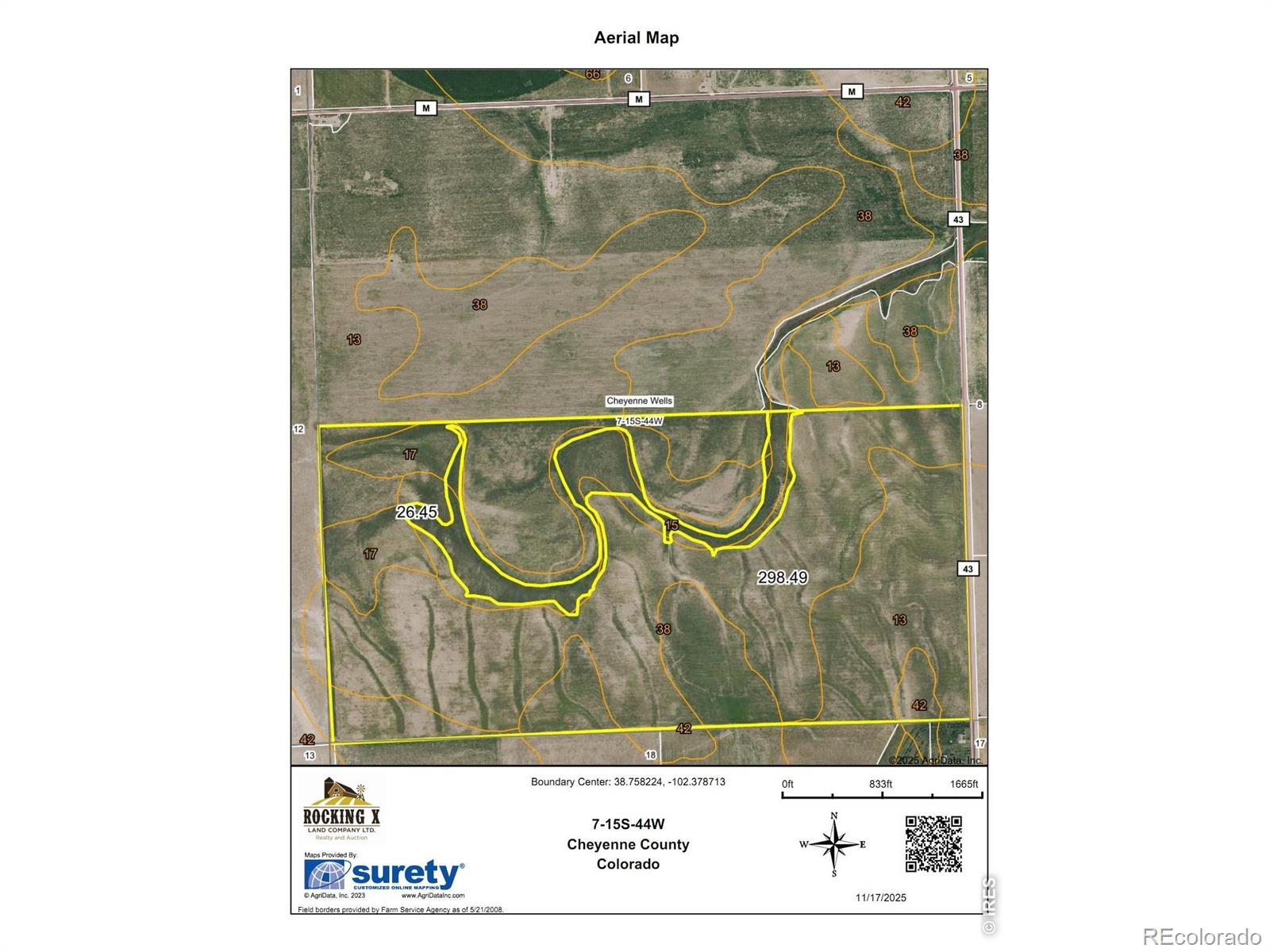 Agricultural production and wildlife habitat come together on this Cheyenne County tract in the South Half of Section 7, Township 15 South, Range 44 West. The property includes 298.53 acres of dryland cropland, plus 26.45 acres of drainage and waste ground providing cover for mule deer and upland birds. Good county road access supports farming convenience. FSA base acres include 208.52 acres of wheat with a 24-bushel PLC yield and 17.22 acres of grain sorghum with a 27-bushel PLC yield. The property is currently subject to a cash lease through the 2027 wheat harvest, with possession available after harvest. Offered at $400,000.