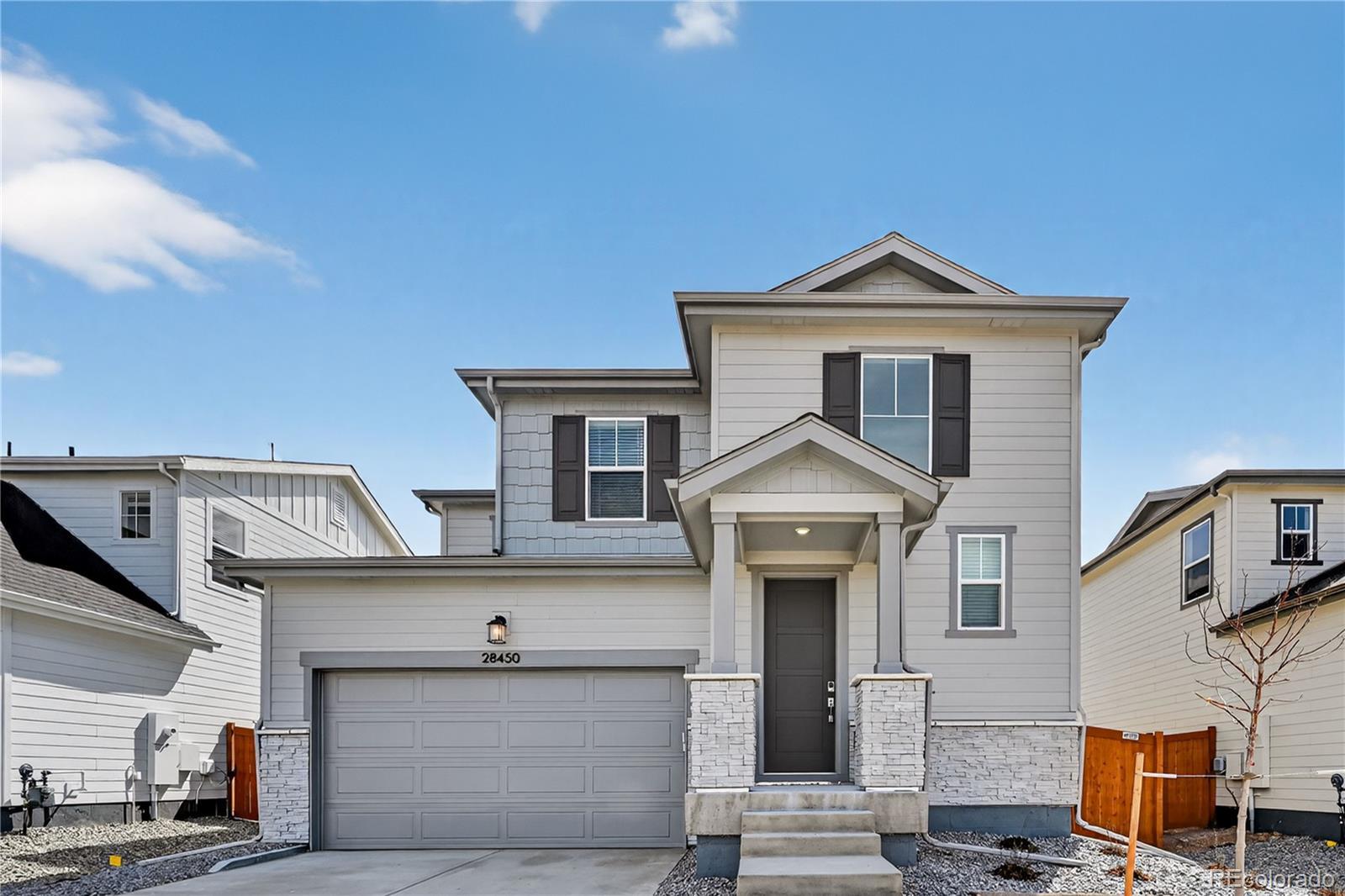 What's Special:  Large Kitchen Island | Deep Lot | 2nd Floor Laundry Room. New Construction - Ready Now! Built by America's Most Trusted Home Builder. Welcome to the Buena Vista at 28450 E 4th Place in Sky Ranch. From the covered porch, step into an open and airy layout that connects the kitchen, dining, and great room for easy everyday living. Upstairs, the private primary suite offers a relaxing retreat, while three additional bedrooms and a full bath provide plenty of space for everyone. Sky Ranch is a vibrant Aurora community where convenience meets comfort. You’re just miles from E-470, DIA, and downtown Denver, with quick access to Southlands Mall, parks, trails, and golf courses. Families love the new K-8 charter school and neighborhood park, plus Hogan Park at Highlands Creek is only five minutes away. Additional highlights include: gas range, concrete patio, rough in plumbing for future utility sink, whole house blinds. MLS#6159686