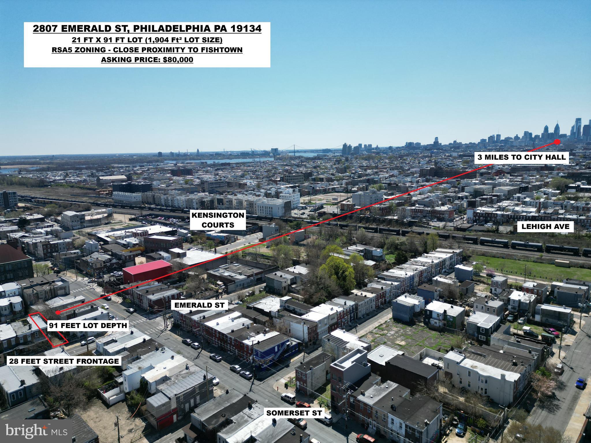 2807 Emerald Street, Philadelphia, PA 19134 1904 sq foot corner lot. (20.91 ft front X 91.04 ft depth) Somerset is the cross street.  Situated less than a quarter mile away from Lehigh Ave (fishtown)2 Blocks away from Kensington Courts Development. Ton's of new construction around. Very unique end lot. at Somerset & Emerald St.Clean title. Buyer responsible for obtaining clear U&O. Selling with no contingencies.