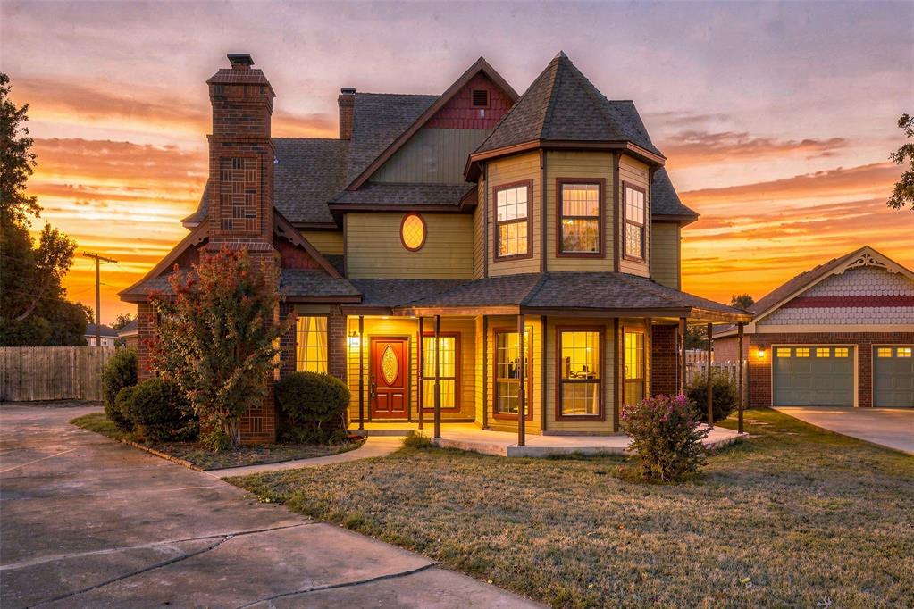 Nestled on a quiet cul-de-sac in the highly desirable Victorian Place addition, 1829 Marian Drive is a stunning showcase of Victorian-inspired charm, timeless architectural character, and spacious living.From the moment you arrive, the inviting covered front porch and striking Victorian character create a memorable first impression. Step inside to a breathtaking 20-foot entry hall that sets the stage for the home's grand yet welcoming interior. Thoughtfully designed for both everyday living and entertaining, the home features two spacious living areas and two dining spaces, offering flexibility for a variety of lifestyles.At the front of the home, a charming living room—with one of two wood-burning fireplaces—provides the perfect setting for a private library, elegant parlor, or game room. The formal dining room is graced with beautiful bay windows that fill the space with soft, natural light. The gourmet island kitchen is designed to impress, featuring double ovens, abundant cabinetry, generous workspace, and an oversized walk-in pantry with dedicated electrical outlets.All three bedrooms offer generous proportions and impressive closet space. The primary suite serves as a private retreat, complete with a luxurious ensuite bathroom, a secluded balcony overlooking the backyard oasis, and a dedicated, soundproof adjoining office or bonus room. Step outside to discover your own private backyard escape. A vinyl-lined swimming pool and spacious open deck and patio create the perfect backdrop for summer entertaining, weekend relaxation, and making lasting memories with family and friends.An attached three-car garage provides ample space for vehicles and storage, while a conveniently located, in-floor storm shelter accommodates up to 12 people, offering added peace of mind during Oklahoma's storm season.