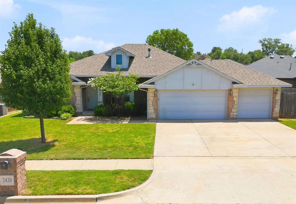 This Nicoma home has it all. Situated on a spacious corner lot, this move-in-ready home features fresh interior paint, brand-new carpet, and beautiful wood flooring in the living room, primary bedroom, and front secondary bedroom.The open floor plan is filled with natural light and flows seamlessly into the kitchen, complete with matching appliances, granite counter tops, tile backsplash, abundant cabinet space, bar top seating, and dedicated pantry space. The spacious living room features a cozy corner gas fireplace. The oversized owners suite of your dreams is tucked away on the opposite side from the secondary bedrooms, providing your own private retreat complete with a garden tub, walk in shower, double sink vanity, and an oversized master closet.  On the other side of the home you will find the three additional bedrooms sharing a spacious hall bathroom. Step outside to enjoy the covered patio overlooking the large backyard, with the added bonus of a neighborhood playground and pond.  For added peace of mind, the roof has been replaced in 07/26. Conveniently located just minutes from Tinker Air Force Base, shopping, dining, and major highways, this home offers the perfect combination of comfort, convenience, and value. For added peace of mind, the roof has been replaced in 07/26. Schedule your private showing today! Welcome home!