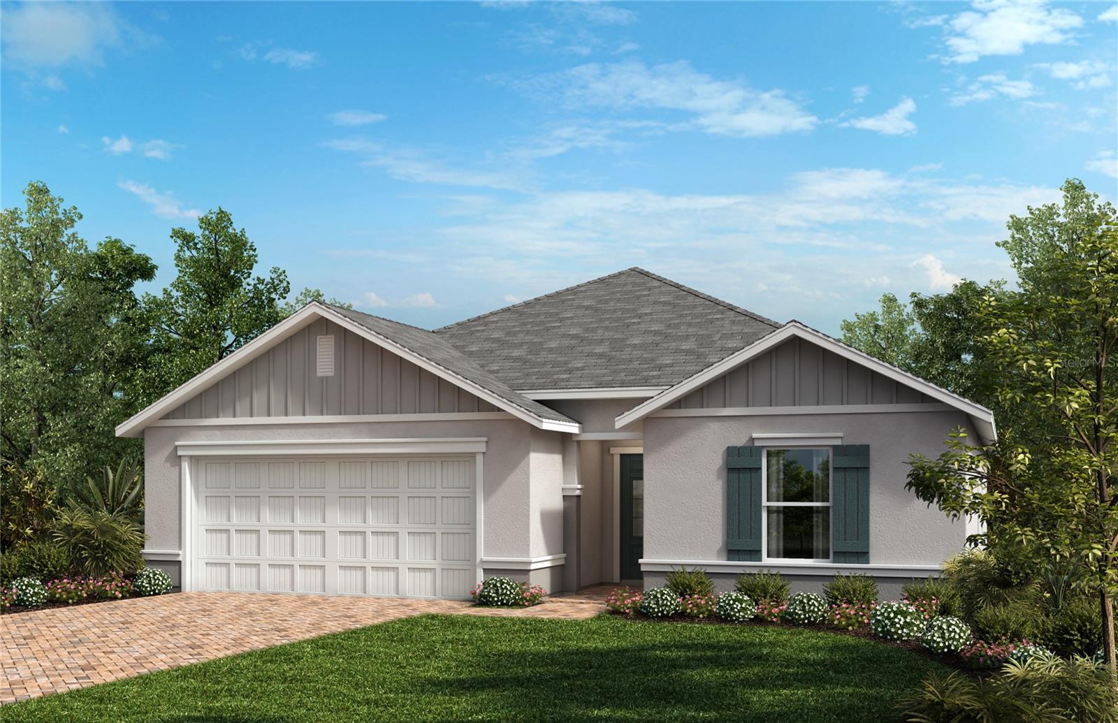 Experience modern design and everyday functionality in this beautifully built, single-story home. Inside, discover an open floor plan with an expansive great room that boasts soaring volume ceilings and tile flooring. The kitchen is equipped with 36-in. upper cabinets, granite countertops, an island, a Moen® faucet, a Kohler® sink and sleek Whirlpool® stainless steel appliances. The private primary bedroom features a generous walk-in closet and connecting bath that offers a dual-sink vanity, walk-in shower and linen closet. A dedicated laundry room helps keep life organized. The covered back patio provides space for outdoor relaxation, rain or shine.