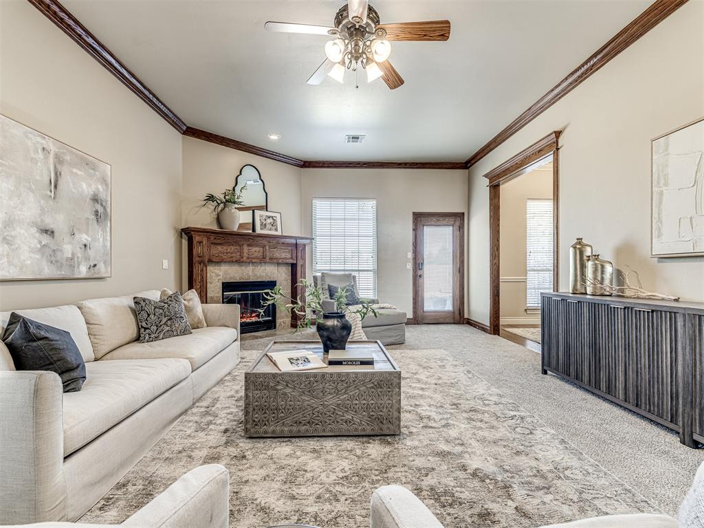 Beautifully maintained home that feels like the country but has all the conveniences of being in OKC. Gated community - 4 beds (one bedroom being a guest room or study), 2.5 baths with an oversized 3 car garage! Large, fully fenced back yard with storage shed (w/loft) and in-ground storm shelter (installed in the patio & has 6’3” height and room for appx 20).  The kitchen comes equipped with granite counters, an island w/sink, eat in dining space, pantry, tons of storage and a built in desk area. Just off the kitchen is the large laundry/mud room with additional storage which leads to the oversized garage (24x36). A formal dining room sits between the kitchen and living room.  The living room has a cozy corner electric fireplace and access to the large outdoor patio area overlooking the expansive backyard. The primary suite includes a walk-in closet and large bath with separate vanities, walk-in shower and separate jetted tub. The secondary bath has dual vanities and tub/shower combo. New carpet installed Fall 2025. Crown molding throughout the home. Ceiling fans in all bedrooms. Updated Rinnai tankless hot water and manifold plumbing system with individual PEX supply lines (allowing for easy, single point shutoff & better pressure).  Solarbord roof decking (up to 97% of radiant heat from the sun is reflected, resulting in cooler attic space and cooler more efficient home). Active HOA that beautifully maintains the playground and common areas.   Conveniently located about 3/4 mile from I240 and centrally located between OKC and Moore/Norman. Moore schools!