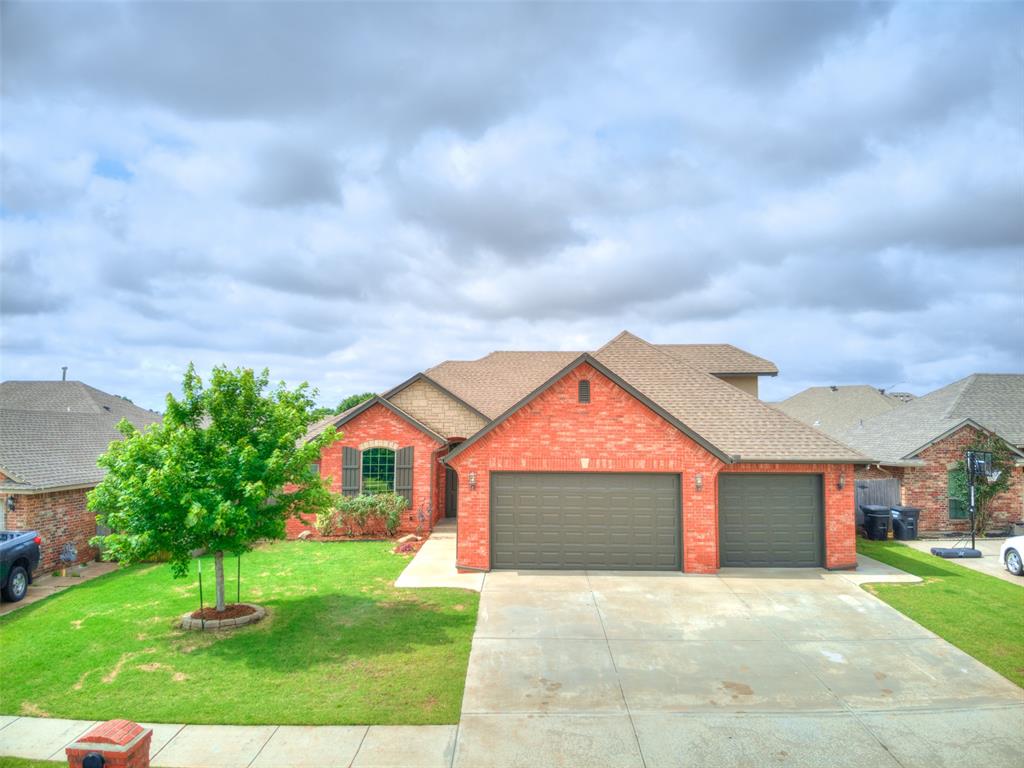 Welcome home to this beautifully updated 3-bedroom, 2.5-bath home featuring a dedicated office and spacious bonus room. The oversized living room is warm and inviting with a cozy gas fireplace, while the spacious dining area flows seamlessly into the exceptional kitchen complete with granite countertops, beautiful cabinetry, a built-in wine rack, and convenient pull-out spice racks.  The impressive primary suite is a true retreat featuring a massive walk-in shower and a spacious closet with custom built-ins. Recent updates include new carpet throughout along with fresh interior and exterior paint, giving the home a clean, modern feel. Additional highlights include a tankless hot water tank, water softener system, epoxy flooring in the garage, and an in-ground storm shelter for added peace of mind.  Located in the highly sought-after Moore Public Schools district with easy access to major highways, shopping, dining, and entertainment, this home checks all the boxes!