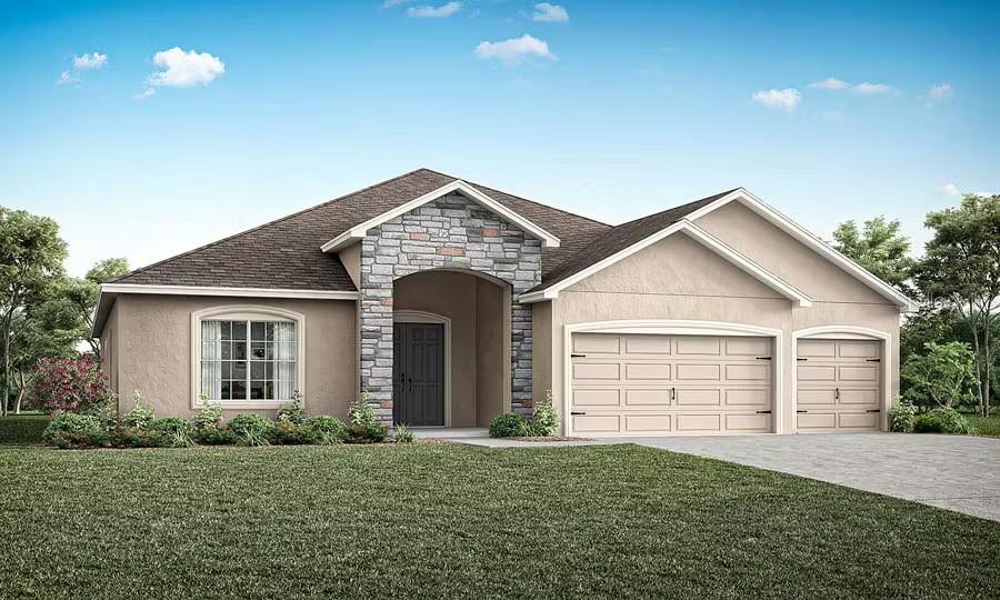 Under Construction. New construction home with 2536 square feet on one-story including 5 bedrooms, 3 baths, and an open living area. Enjoy an open kitchen with Samsung stainless steel appliances, a walk-in pantry, and a spacious breakfast bar, fully open to the dining café and gathering room. The kitchen, living area, laundry room, and baths include luxury wood vinyl plank flooring, with stain-resistant carpet in the bedrooms. Your owner's suite is complete with a walk-in wardrobe and a private en-suite bath with dual vanities, a tiled shower, garden tub and a closeted toilet. Plus, enjoy a covered lanai, 3-car garage. Custom-fit window blinds, architectural shingles, energy-efficient insulation and windows, and a full builder warranty. “Please note, virtual tour/photos showcases the home layout; colors and design options in actual home for sale may differ. Furnishings and décor do not convey.