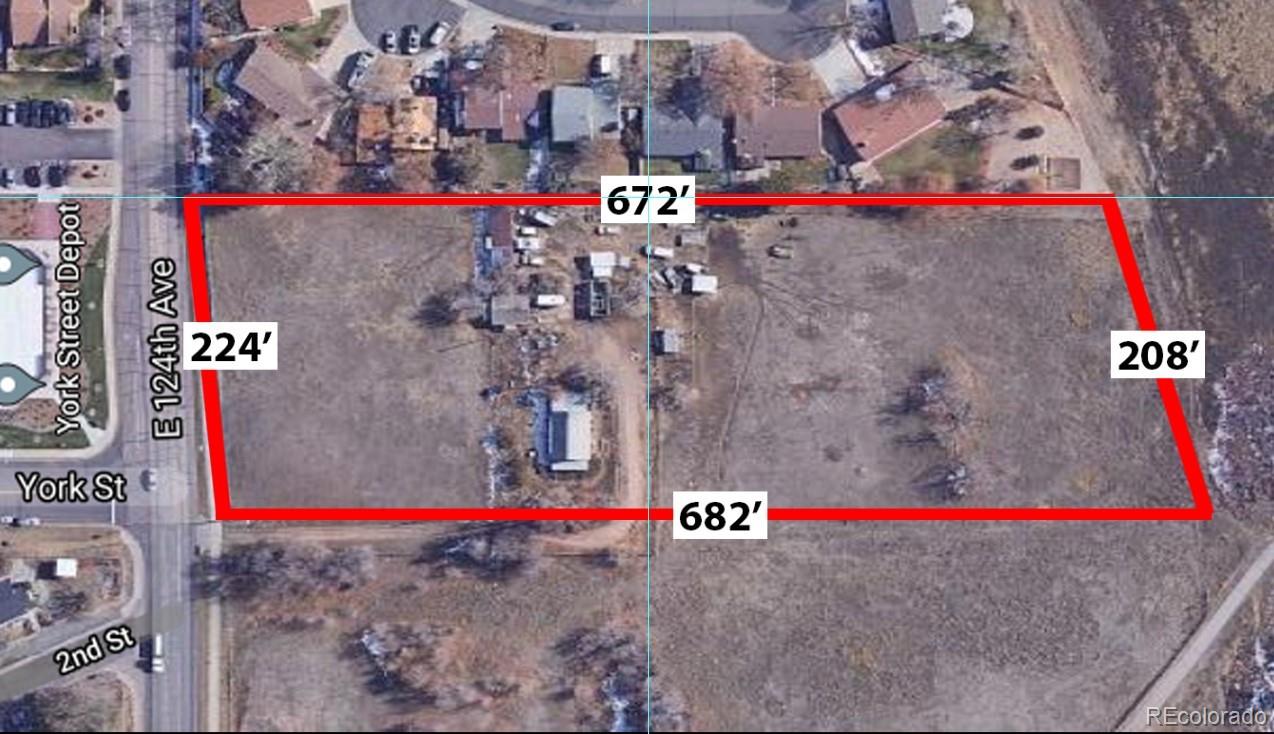 Zoned PD (PUD) and next to the light rail, the city would to see a small neighborhood of single family homes / WE Cottages developed, like is built at 128th and Ulster!! This 3.44 acres of high potential development land is at the southeast corner of East 124th Avenue and York Street in Old Eastlake! There is an existing farm house, water well rights, and a septic system. The Eastlake Light Rail station only 1100 feet to the northwest. The new Eastlake Post Office is across the street to the north along with the new York St Depot Co-Working office building. Adjacent to the land on the south is Eastlake #2 Open Space which is 29.5 acres of open space and wildlife habitat. Amazing Location, Amazing Opportunity! Plenty of open space to the west also offers amazing mountain views for your development. Currently zoned A1. Don't let this opportunity get away from you!