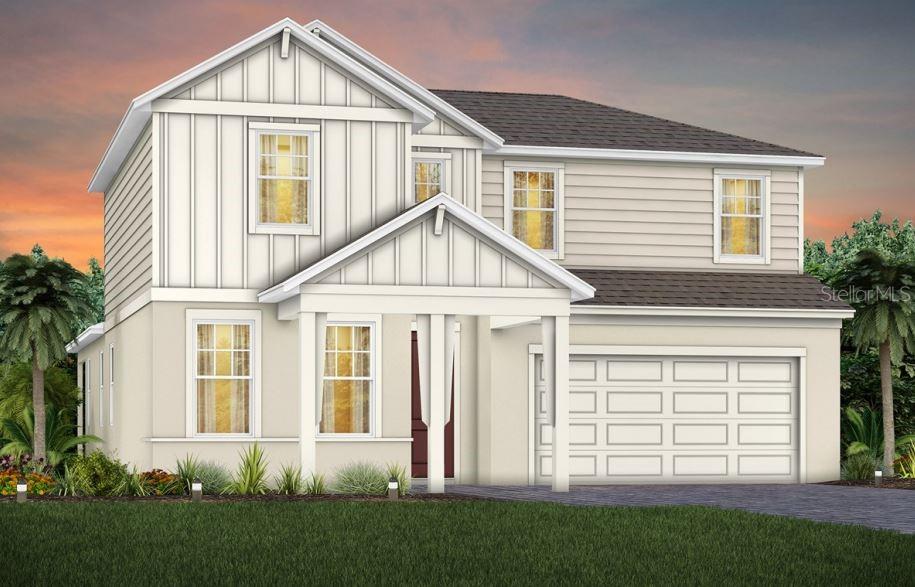 Under Construction. EverBe is a new master planned community where convenience and connections combine to create a new standard for home. Located in Orlando with quick access to 417 & 528, this lifestyle community will offer miles of pathways & trails, wi-fi-enabled green spaces, unique outdoor recreation areas, a fitness center, a clubhouse complex with resort pool, 2G internet, and a waterfront amenity and town center. Get excited for EverBe - everything home should ever be!
The beautifully designed two-story, 5 bedroom, 3 bathroom, 2 car garage Coral Grand home offers the perfect blend of luxury, comfort, and functionality. As you step inside, you are greeted by a grand foyer that opens to the second floor, creating an inviting and open atmosphere. To your left, two spacious secondary bedrooms and a full bath provide ideal accommodations for guests. Travel deeper into the heart of the home, and you’ll find an expansive open concept layout that seamlessly connects the gathering room, kitchen, and cafe. Large windows throughout the main living areas flood the space with natural light, creating a warm and welcoming ambiance. The chef’s dream kitchen is a showstopper, complete with Built-In stainless steel Whirlpool appliances, and soft-close Dana Frost cabinetry. The Quartz countertops, decorative tile backsplash, and pendant prewiring elevate the space, making it perfect for both cooking and entertaining. Step outside to enjoy the extended covered lanai, complete with pocket sliding glass doors that create a seamless transition between indoor and outdoor living. Perfect for entertaining or relaxing, this space is finished with stylish pavers for added charm. The owner's suite, located conveniently on the first floor, provides a private retreat with ample space, and is complemented by a luxurious en-suite bathroom with garden bathtub, glass enclosed shower, private water closet, and linen closet. The laundry room, also thoughtfully located on the first floor, includes a utility sink, adding to the home’s convenience and ease of living. Upstairs, you’ll find two additional bedrooms, a full bathroom, and a spacious loft, offering plenty of room for everyone. Every detail of this home has been carefully curated, from the Shaw wood-look luxury vinyl plank flooring throughout the first floor to the porcelain tile in the bathrooms and laundry to the plush, stain-resistant Shaw carpeting in the upstairs loft and secondary bedroom. Designer-curated finishes elevate every corner of this home, including brushed nickel hardware and plumbing fixtures, 2” faux wood blinds, and epoxy finish at garage floor. For those who appreciate modern technology, this home comes equipped with a smart thermostat, video doorbell, LED downlights, and digital IP camera pre-wire, ensuring your home is as connected as it is beautiful. Experience the luxury of modern living with timeless design – schedule a tour today and see all that this exceptional home has to offer!
