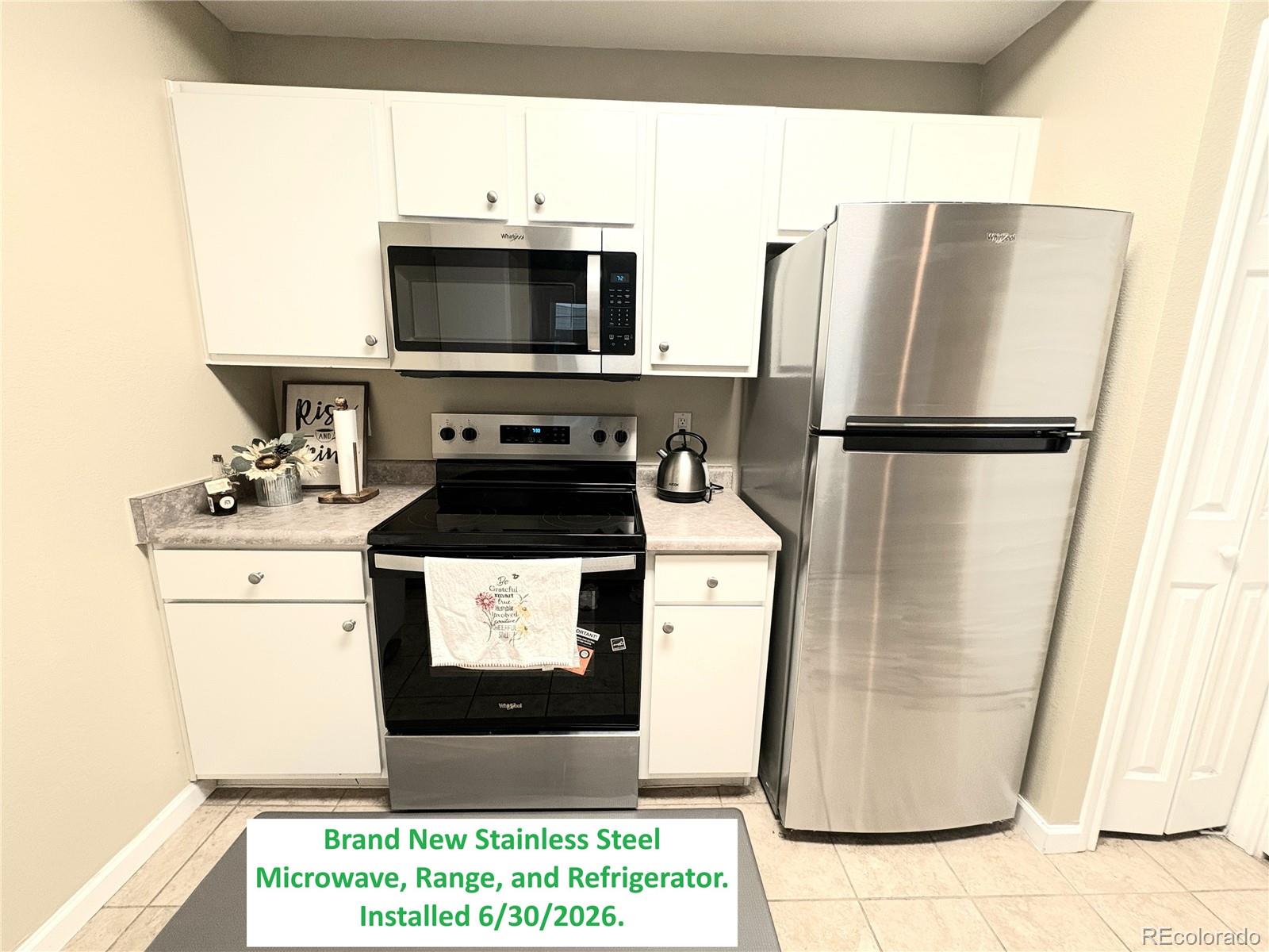 BRAND NEW STAINLESS STEEL Microwave, Range, and Refrigerator to match existing stainless steel dishwasher. Welcome home to this charming condo in the heart of Parker.  This turn-key, move-in ready, low maintenance open floorplan features thoughtful architecture, abundant natural light all day long with southeast exposure and high ceilings.  Enjoy beautiful Colorado weather on the massive oversized deck which fits a full dining table with room to spare.  The primary bedroom is large with huge walk-in closet. Relax after a long day in the oversized soaking tub.  Have a large collection of kitchen appliances? The utility room features BONUS STORAGE with built in shelving. Participate in a lot of outdoor activities? The adjoining storage closet easily fits seasonal clothing, golf clubs, skis or snowboards, holiday decorations, and so much more. Just minutes from dining, shopping, entertainment, Mainstreet, and grocery at Costco, Whole Foods, Sprouts, and King Soopers.  Make use of the tennis courts at Creekside Recreation Center which is just across the street. Cherry Creek Trail is just 1/2 mile away. Onsite management is during office hours.  This is one of the most affordable condos in Parker. Don't miss this opportunity to start your home ownership journey! Interested in more upgrades? Ask about loan options that include purchase + upgrades.  BUYERS - ensure your agent reviews showing instructions.