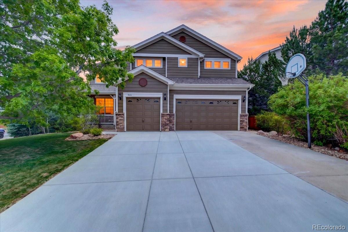 Welcome to this exceptional Sapphire Pointe residence, perfectly positioned on a premium corner cul-de-sac lot backing to trails & a green belt. Offering 4 bedrooms, 4 bathrooms, and thoughtfully designed living spaces, this home seamlessly blends timeless architecture, everyday comfort, and incredible versatility. From the moment you enter, you'll be captivated by the grand sweeping staircase, rich hardwood floors, expansive windows, and stunning architectural details throughout. The formal dining room makes a lasting impression with its coffered ceiling and custom wood inlay, while the main-floor office with French doors provides the ideal space to work from home in style. Designed for both entertaining and everyday living, the open-concept kitchen flows effortlessly into the inviting family room, creating a warm and connected gathering space. Upstairs, the expansive loft has been transformed into the ultimate theater and game room, offering endless possibilities for recreation and relaxation. The luxurious primary suite is a true retreat featuring a cozy two-way fireplace, spacious sitting area, and spa-inspired five-piece bath. Two additional bedrooms offer generous dimensions and walk-in closets, and a full bathroom. The finished basement is thoughtfully designed with an industrial-chic aesthetic and complete with a bedroom suite, bathroom, full kitchen, & laundry. Whether used for multi-generational living, long-term guests, or income opportunities, this space offers great flexibility. Step outside to enjoy the large covered patio and private backyard, where landscaping and direct access to nearby trails create a peaceful outdoor sanctuary. New exterior paint & newly poured driveway. Residents of Sapphire Pointe enjoy exceptional community amenities including a pool, parks, playgrounds, and an extensive trail system. Near charming downtown Castle Rock & its vibrant community, this is a rare opportunity to own a home that truly checks every box—and then some.