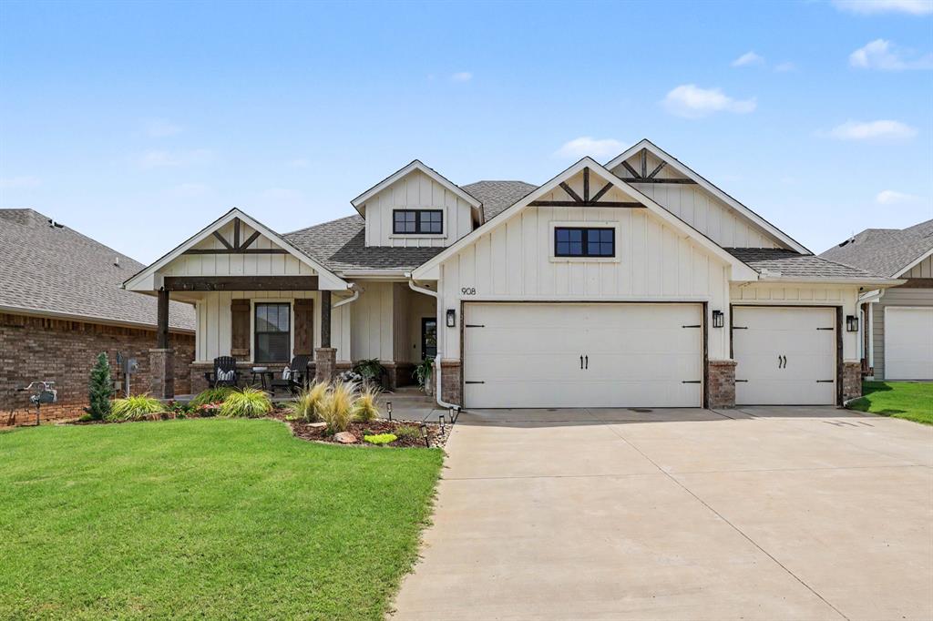 2022 Moore Home that is loaded with upgrades! This beautiful 4 Bedroom, 2 Bathroom Blue Spruce floor plan offers a 3 car garage with storm shelter and everything you've been looking for! Thoughtfully designed with custom upgrades throughout, this home features an open layout with soaring 10-foot and cathedral ceilings, a stunning floor to ceiling stacked stone fireplace, and large windows that fill the living space with natural light. The kitchen is perfect for everyday living and entertaining with a large center island, quartz countertops, pendant lighting, gold hardware, a walk-in pantry, and abundant storage. The private primary suite offers a spa-like bath with a walk-in shower, freestanding soaking tub, dual vanities, and a spacious walk-in closet. Thoughtful upgrades throughout include glass doorknobs, gold sconces, a taller covered patio, solar carriage lights, and established landscaping with solar lighting. The south facing backyard provides shaded evenings, making it the perfect place to relax. Enjoy neighborhood amenities including a community pool, recreation area, and playground, all while being conveniently located near Tinker Air Force Base, Downtown OKC, shopping, restaurants, schools, and easy highway access. This is one you won't want to miss!