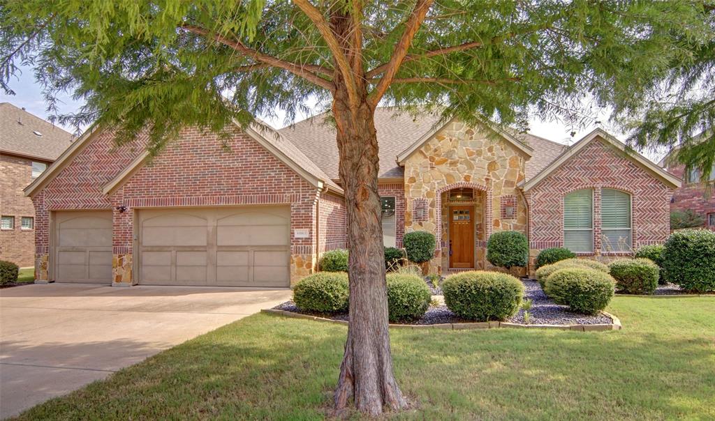 Stunning One-Story home with Pool, Spa and Greenbelt Privacy!  Discover the perfect blend of luxury and comfort in this beautifully designed 4-bedroom, 3 Full Bath Home featuring crown molding throughout, soaring ceilings, and 8 Ft solid wood doors for a grand custom feel.  The inviting living room boasts rich hardwood floors and a cozy fireplace, while the gourmet kitchen is a chef's dream with a gas cooktop, double oven, and large granite island---great for both cooking and entertaining.  Enjoy an open layout filled with natural light and plantation shutters for elegance and privacy.  The laundry room with sink flows directly into the oversized master closet, adding convenience to your daily routine.  Step outside to your own private oasis, a covered patio overlooking a sparkling pool and spa, all set against a tranquil greenbelt backdrop for the ultimate privacy.  Additional highlights include a 3 car garage with attic- Community amenities include private lake access, walking & biking trails around Marine Creek Lake and amenity center.  This home checks all of the boxes and won't last on the market long!