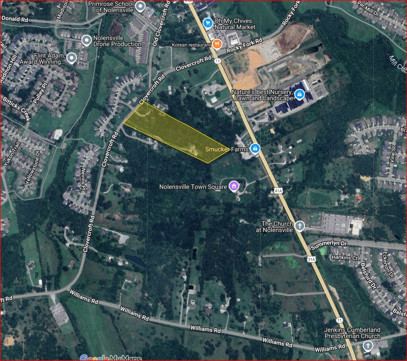 11.08ac Prime Mixed-Use Development Opportunity in Nolensville, TN.Unlock the potential of 9865 & 9869 Clovercroft Rd, a premier mixed-use development site in the heart of Nolensville. With CD4 zoning allowing 12 units per acre and Main Street Village Overlay (MSVO) permitting 15 units per acre, this property offers versatile residential and commercial possibilities.Key Highlights:• Strategic Location: Situated in one of Tennessee’s fastest-growing areas, with easy access to major highways, schools, parks, and retail hubs.• Flexible Zoning: Ideal for apartments, condos, retail, office spaces, restaurants, and more.• High-Density Potential: Maximize returns with 12–15 units per acre, catering to Nolensville’s increasing demand for mixed-use developments.• Expansive Acreage: A rare opportunity to acquire a large, contiguous development site in a thriving community.• Investment Value: Offered at $9,997,500.00 this property presents a lucrative opportunity for developers and investors.Don’t miss your chance to shape the future of Nolensville with this high-demand development site.