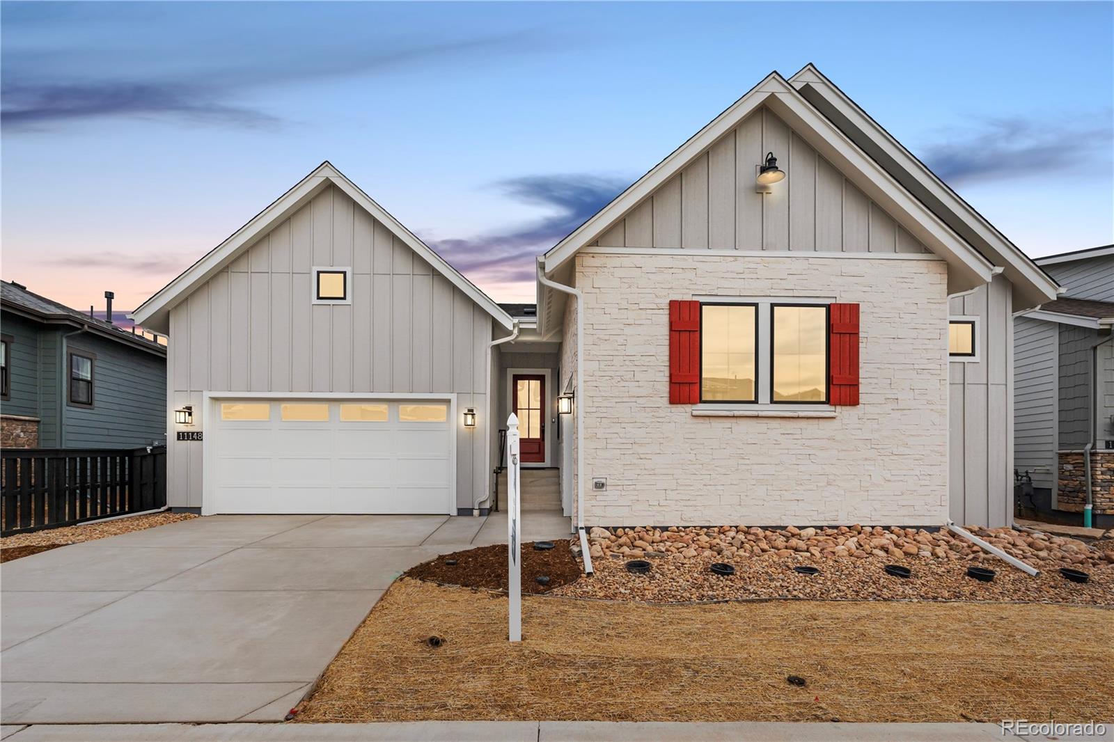 Beautiful one-story home in the desirable Solstice Community by Shea Homes. Solstice is surrounded by Chatfield State Park on 3 sides of the community and acreage parcels on the 4th side. This home has 3 bedrooms, study, finished basement with wet bar, fireplace with full height tile surround, covered patio, and 3-bay split garage.  Design finishes include Evoke luxury plank flooring in Summit/Peyton, MSI engineered stone counter tops in Carrara Delphi, horizontal iron railings, and Yorktowne maple cabinets in Dockside. Please contact a community representative for details.  The Mirabelle Metropolitan Districts provide various services to the property and in addition to the estimated taxes, a $40 per month operations fee is imposed.
