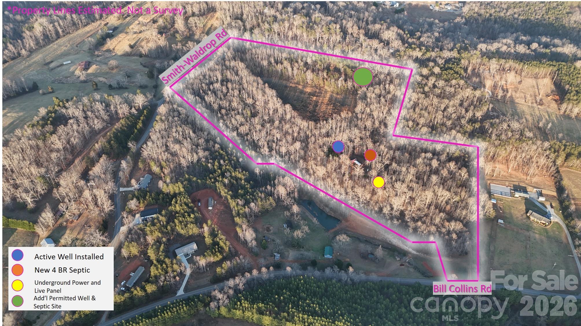 A truly rare offering in the heart of Columbus, NC, this exceptional ±27.24-acre property offers road frontage on Bill Collins Road and Smith-Waldrop Road, presenting a remarkable blend of privacy, accessibility, and unlimited potential. With no restrictions and mixed-use zoning, this is a canvas suited for the most discerning buyer—whether your vision is a grand private estate, multi-generational family compound, equestrian or farm property, or a thoughtfully designed residential development.The land is beautifully appointed with established driveways providing access from both roads. A private primary homesite is already improved with underground power, a well and 4-bedroom septic system, perfectly positioned to capture long-range mountain views. A second permitted homesite, approved for a 3-bedroom septic and well, offers flexibility and expansion potential. The two homesites are thoughtfully separated by a large open tall fescue pasture and a mature tree buffer, creating a sense of scale, openness, and privacy rarely found.The property’s gentle topography reveals numerous additional potential homesites, making it well suited for subdivision or future development. The lower portion of the land features a natural spring, a creek, and established walking trails, enhancing the property’s serene and park-like setting.With all infrastructure in place and ready at one site—site-built home, manufactured home, and camper and RVs are your choice, allowing immediate use or phased development. This is a property where the most time-consuming groundwork has already been completed.Ideally located just minutes from downtown Columbus, the Hwy 74 bypass, Lake Lure, and the Tryon International Equestrian Center, this estate combines refined country living with convenient access to premier destinations in Western North Carolina.Opportunities of this caliber are exceedingly rare in Polk County. Whether held as a legacy estate, cultivated as a working farm, or developed into an exclusive residential enclave, this property offers sophistication, flexibility, and enduring value. Seller is a licensed Realtor.