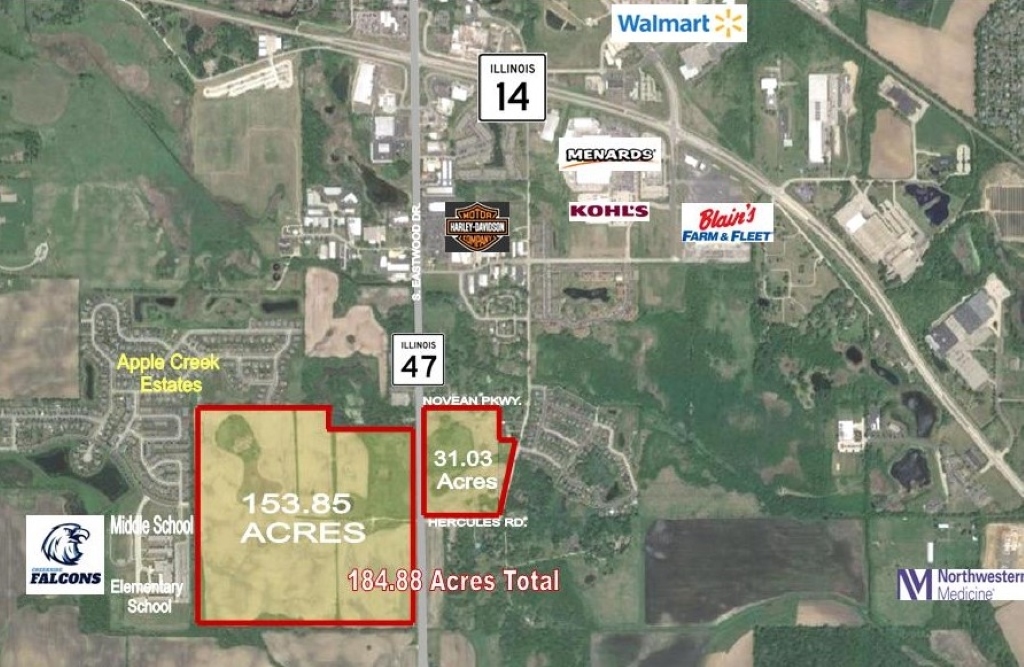 DEVELOPMENT LAND  184.88 ACRES      184.88 Acres along Route 47, just south of Route 14 in unincorporated Woodstock and north of I-90 Route 47 Interchange.    Currently zoned AG in McHenry County with daily traffic counts of 15,400 vpd. Approximately 30 AC of wetlands between the parcels.    153.85 acres on the west side of Route 47 with 1,311' frontage, ideal for commercial or residential development. Just west of this parcel is Woodstock's Prairiewood Elementary School and Creekside Middle School. Hercules Road can connect from the east side of Route 47 to the west side at the schools.    The remaining 31.03 acres are on the northeast corner of Route 47 and Hercules Road  with 963' frontage.    Ideally located minutes from shopping in either Woodstock or Huntley (south of site)  and just east of Northwestern Hospital.    Owner may be open to divisibility with pricing per acre to be determined.See attached rendering of potential mixed use plan.