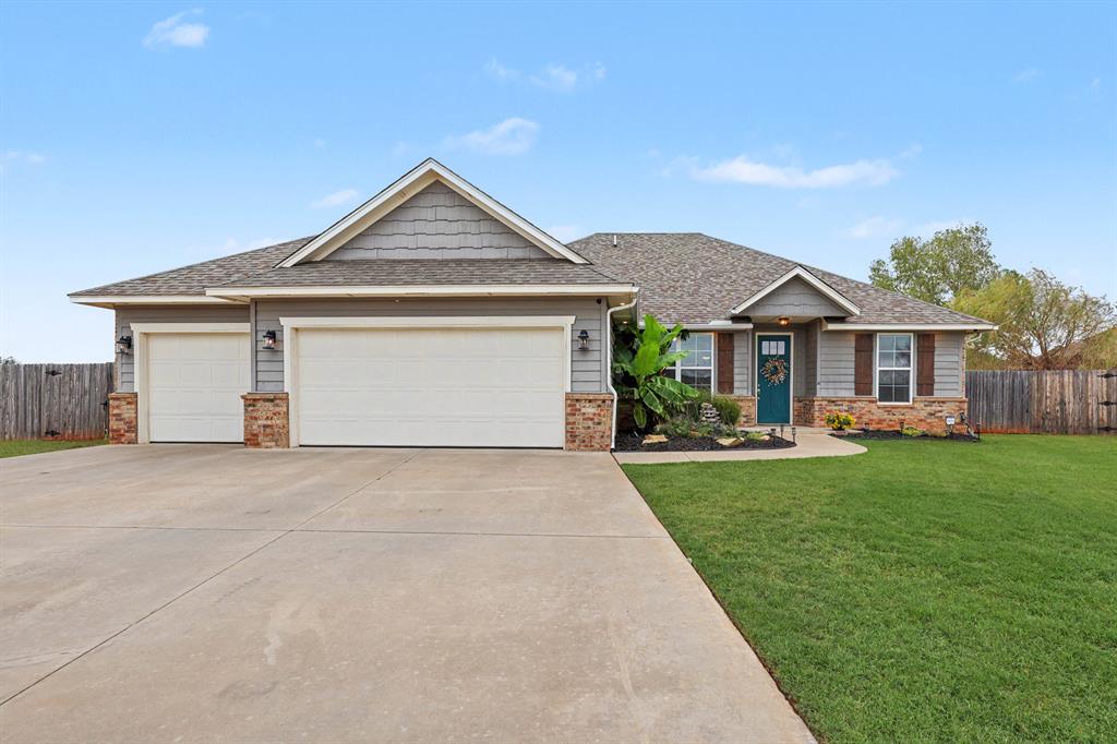 Situated on a large cul-de-sac lot, this beautifully maintained 4-bedroom, 2-bath home offers a versatile floor plan, 3-car garage and an impressive backyard! Step inside to an open-concept living, kitchen and dining area designed for everyday living and entertaining. The kitchen features granite countertops, subway tile backsplash, gas range, built-in microwave, walk-in pantry and abundant cabinetry. Painted wainscoting adds character to the dining area and 4th bedroom, which also offers flexibility as a study or home office. The spacious primary suite includes double vanities, a jetted tub, separate subway-tiled shower and an oversized closet with built-in shoe storage and dresser. You'll love the exceptionally functional laundry room with built-ins for laundry basket storage plus an additional storage closet. Wood-look tile extends throughout the main living areas with brand new carpet limited to the bedrooms and closets. Outside, the expansive fully fenced backyard offers plenty of room to enjoy, along with an above-ground pool, adjoining deck and covered patio. The neighborhood offers a playground and the home is conveniently located near Buck Thomas Park, shopping, dining and major highways with access to Tinker AFB. Space, storage, flexibility and outdoor living—all wrapped into one fantastic property in Sonoma Lakes!
