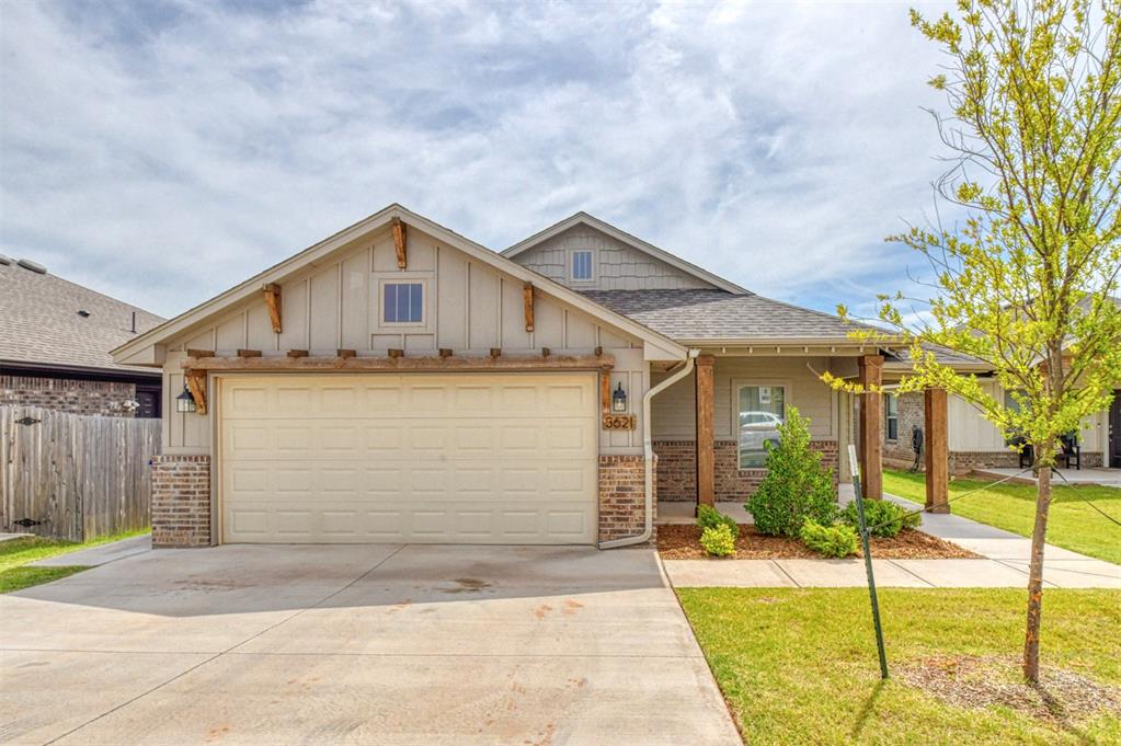 Stunning Craftsman style 3-bedroom home located in Flint Hills. The kitchen boasts beautiful quartz countertops, painted cabinetry, stainless steel appliances with gas range, and large island/eating surface. The spacious open living/dining layout is great for entertaining! The split floorplan allows privacy between the primary suite and secondary bedrooms. You'll love the large utility room with folding surface and ample storage, along with the convenient drop zone by the garage for coats, bags, and shoes for those on the go! Hang out on the covered back patio that overlooks a nice sized fully fenced yard! Flint Hills offers a playground and splashpad for outdoor enjoyment.
