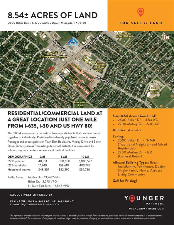Strategically located within established residential and commercial neighborhoods, the property sits directly across from Mesquite Independent School District facilities and Mesquite Academy, making it well suited for family-oriented development. The site offers frontage and access points along both Town East Blvd and Motley Dr, providing excellent visibility and accessibility.Zoned General Retail, the property allows for both multifamily and commercial development opportunities. In addition, Texas Senate Bill SB840 permits multifamily development “by right” on commercially zoned sites. With its prime location and strong surrounding amenities, the property is highly suitable for senior housing, multifamily, or high-density apartment development.Surrounded by retail centers and medical facilities, the location offers convenient access to green space, recreation, shopping, dining, and everyday services. The availability of city water and city sewer further enhances the site’s flexibility to accommodate a wide range of commercial or residential development options in response to the growing demand in the Mesquite market.