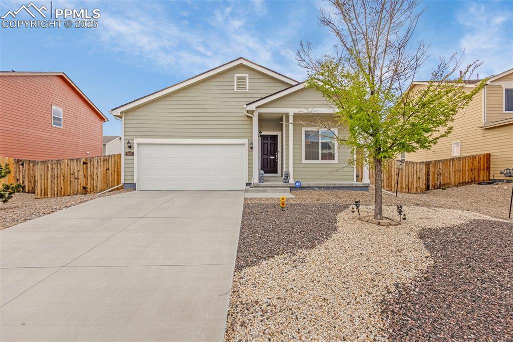 Well maintained ranch-style home in the desirable Lorson Ranch community! This charming 3-bedroom, 2-bathroom home offers comfortable, single-level living with an inviting open floor plan that’s great for both everyday living. Situated on a slab foundation, this home features low-maintenance xeriscaping in the front yard and a spacious, blank canvas in the backyard—ready for your personal touch. The bright and airy layout includes a living area that flows seamlessly into the kitchen and dining space. The primary suite offers a private retreat with an en-suite bathroom and ample closet space. Two additional bedrooms and a full bath. Conveniently located near Peterson Space Force Base, Fort Carson, the Colorado Springs Airport, and just a short drive to shopping and everyday amenities..