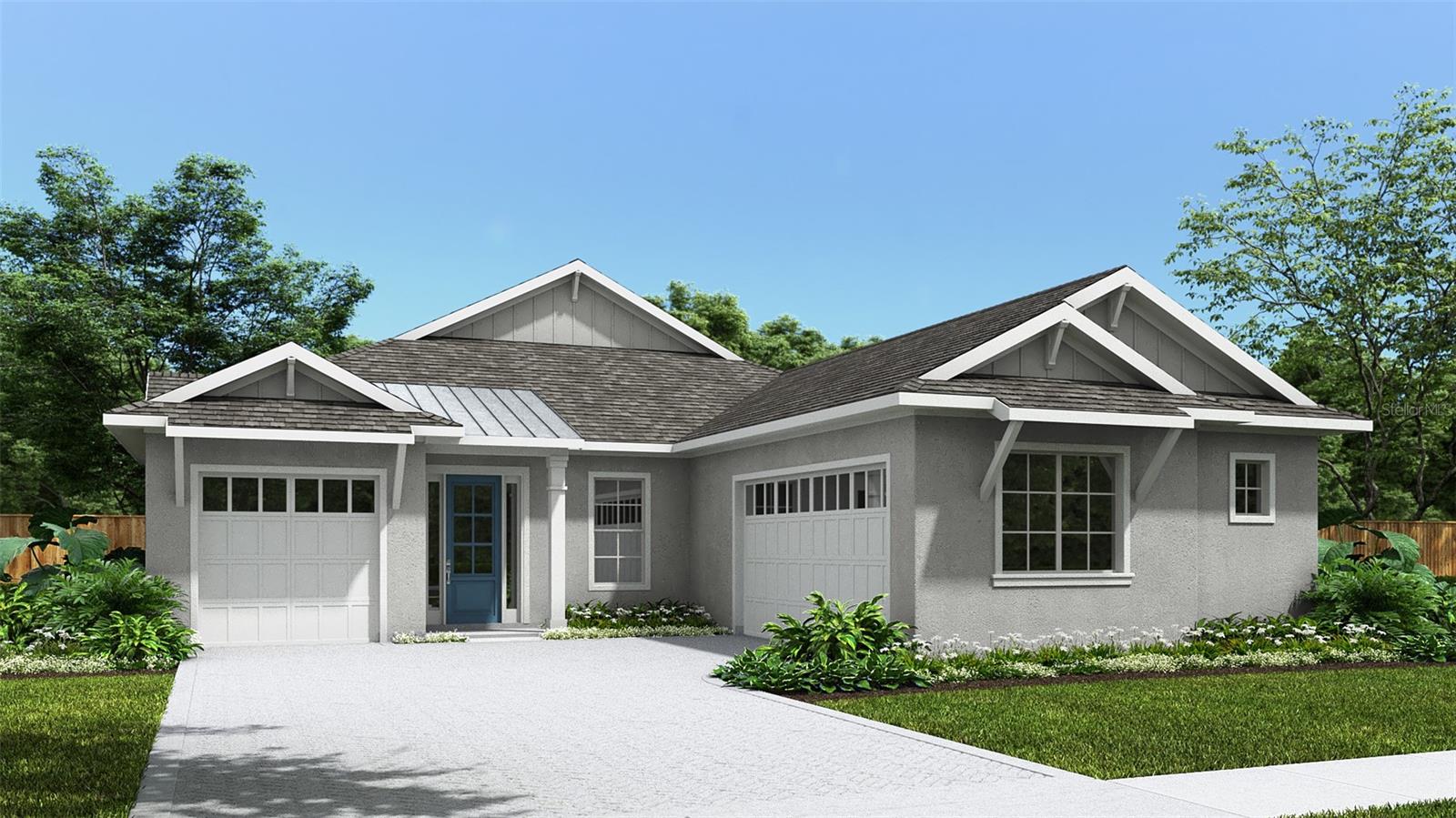 Under Construction. Front porch opens into an extended entryway with tray ceilings. French doors enclose the home office off the main hallway. Entering the kitchen you are greeted by an island with built-in seating, a walk-in pantry, and access to the laundry room. The dining area connects to the family room which features a wall of windows and access to the covered lanai. A bonus flex room is off the main living space. The primary bedroom is features a wall of windows. French doors lead into the primary bathroom which boasts dual vanities, garden tub, glass enclosed shower, and two walk-in closets. The secondary bedrooms each feature a walk-in closet and share a Hollywood bathroom. The mechanical room is located off the hallway that features the drop zone. Completing the space is a private guest suite off of the family room that features a full bathroom and walk-in closet. Three-car split garage.
