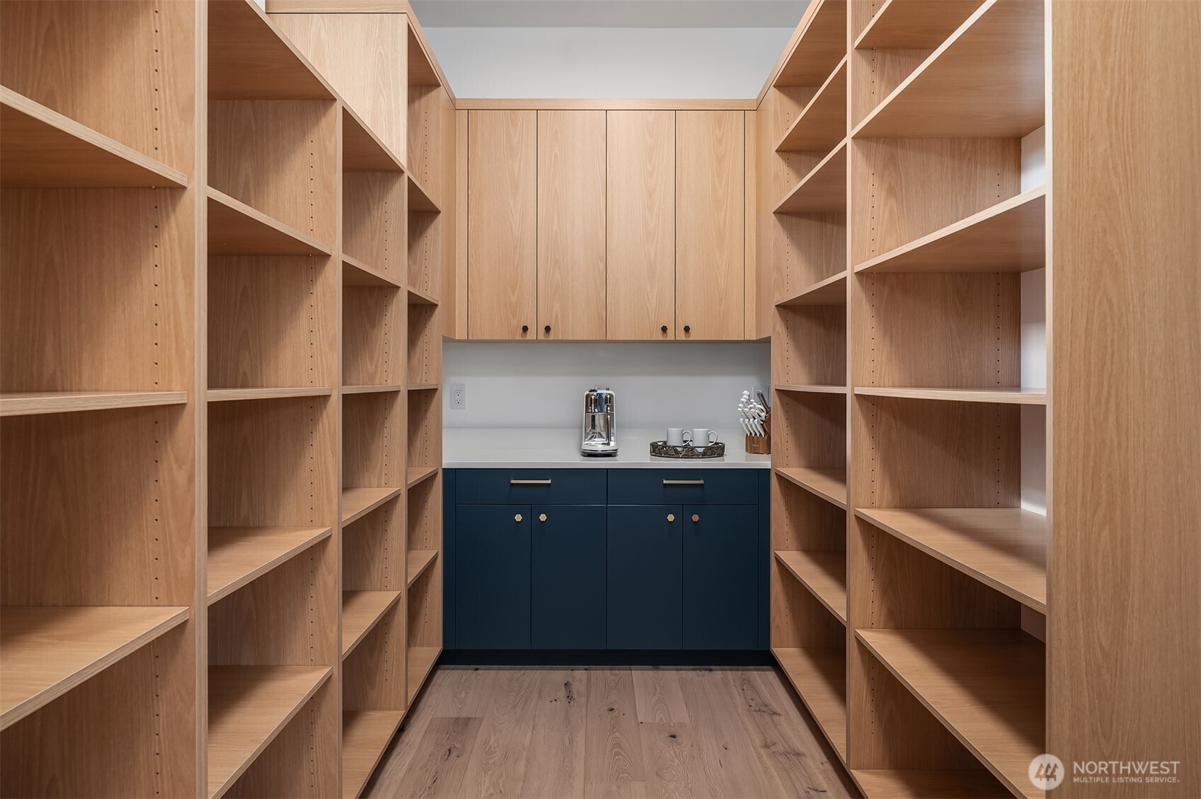 Spacious walk-in pantry with built in coffee station