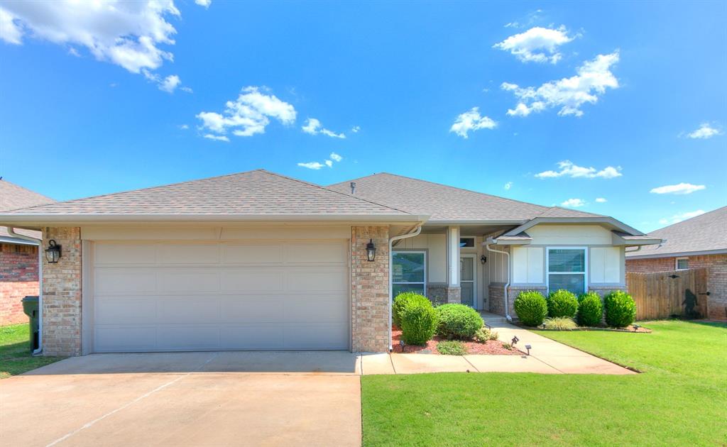 Why pay premium new construction prices when you can own this beautifully maintained, up-to-date home without the new home construction "sticker shock"? Thoughtfully updated and move-in ready, this home combines style, comfort, and outstanding value. The spacious open-concept living area, with vaulted ceilings, flows seamlessly into the kitchen, creating an inviting space that's perfect for entertaining or everyday living. Brand-new flooring, backed by a lifetime warranty, adds both beauty and durability. Designed with privacy in mind, the split-bedroom floor plan features a generous primary suite on one side of the home, while two secondary bedrooms are situated on the opposite side. A versatile bonus room provides the perfect space for a home office, study, hobby room, or playroom. Step outside to enjoy the covered patio—ideal for outdoor dining, weekend barbecues, or celebrating during game days. Located just minutes from the University of Oklahoma, you'll appreciate the convenience of being close to campus, shopping, dining, entertainment including a golf course. Additional features and upgrades include: * Outdoor Solar lighting  * Home security system * Sprinkler/irrigation system * Privacy fence already installed * Window treatments included* Large walk-in Master Closet* Large kitchen island and bar* Walk-in pantry* Fresh paint* New flooring* Covered deck and patio* Heightened concrete space in garage* Double paned windows* Vaulted ceilings throughout* Bonus room: study/hobby room/play room.With its excellent condition, thoughtful upgrades, desirable location with neighborhood walking trails and its own private park, and very attractive price, this home is an exceptional opportunity for buyers seeking quality, convenience, and value. Priced to sell quickly!