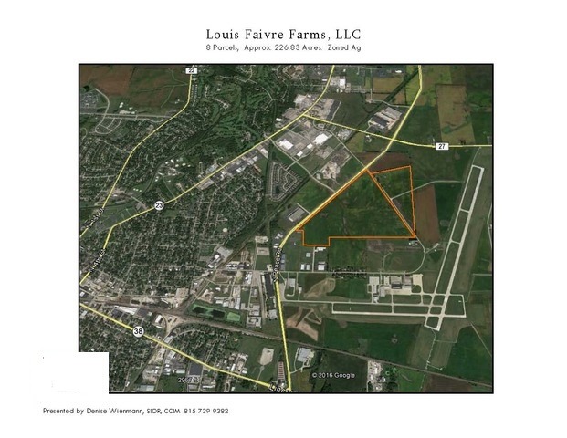 8 parcels totaling 226+ acres. Over 3000 linier feet of frontage on Peace Rd. Future access possible from County Farm, Enterprise, and Peace. Located near the DeKalb airport. Zoned AG. Note; 25 acres are annexed into DeKalb with a HI PD-I future zoning, remaining acreage is not annexed. Property is in the Enterprise zone. Potential future use as industrial, office research, or transportation.