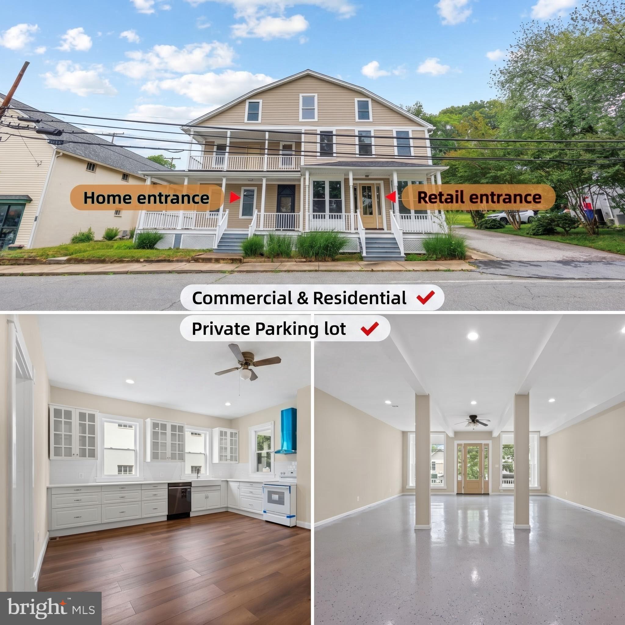 Rare live-work (Commercial & Residential) opportunity in the heart of historic Old Bowie! This expansive, fully renovated property boasts over 6,000 square feet of meticulously finished space, seamlessly combining premier residential comfort with incredible commercial potential. Whether you choose to run your business out of the entire building, utilize a perfect half-and-half split for living and working, or secure a powerhouse investment asset, this versatile property adapts beautifully to your vision. Offering ultimate peace of mind, a comprehensive top-to-bottom renovation includes a brand-new roof, new siding, high-efficiency windows, a new HVAC system, a new water heater, fresh paint, modern flooring, and brand-new appliances throughout. Classic wrap-around porches provide an inviting entrance for both residents and commercial clients alike.The highly functional layout is thoughtfully designed with separate front entrances and two separate rear entrances to ensure effortless privacy and excellent flow between the zones.  On the residential side, the front door opens into a welcoming hallway with stairs leading to the upper level. To your left sits a generous formal dining room， a grand living room and a half bathroom. The hallway leads you back to a huge, fully updated kitchen that easily accommodates a breakfast table setup. On the commercial side, the entrance opens directly into a vast, flexible open retail space with soaring ceilings, perfect for an office or shop, complete with a convenient side door for easy access. Just five steps up from this open space is an additional large living area or customer/staff lounge, adjacent to a convenient half bathroom. The upper level provides a total of 6 bedrooms and 2 full bathrooms, smartly divided into two separate wings: the house side offers 3 bedrooms and 1 full bath, while the store side features an additional 3 bedrooms and 1 full bath, with a private connecting door between the two wings that can be easily closed or locked for complete separation. Additionally, the commercial wing features its own staircase leading up to the second floor, where a door opens to an immense third-level attic offering incredible storage space.Outside, commercial viability is fully realized with a rare private parking lot providing 11 dedicated parking spaces, along with a substantial backyard storage structure for additional inventory or equipment. Strategically located for maximum visibility and convenience, this property is a commuter's dream with effortless access to US-50 and US-301, putting Washington D.C., Baltimore, and Annapolis all within easy reach. It is also just minutes from the Bowie State MARC Train Station for a seamless 27-minute rail commute to D.C.'s Union Station. Local amenities abound, with the property sitting just steps from Town Green Park and the Old Town Bowie Welcome Center, and only a short drive from Allen Pond Park, Whitemarsh Park, Bowie Town Center, and Bowie Marketplace for premier shopping, dining, and grocery needs. Don't miss this generational real estate asset—schedule your tour today!