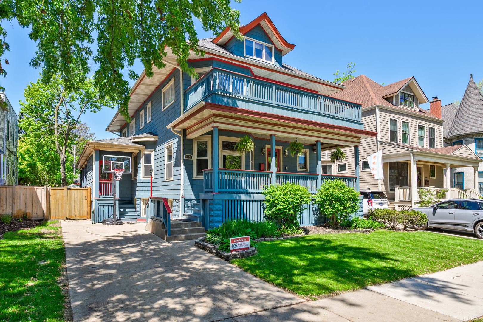 Perfect blend of historic charm and modern amenities in this massive Old Irving Victorian on an expansive double lot. This 5300 square foot home offers five bedrooms, four and half bathrooms on a double and extra deep 50 x 144 lot. A charming front porch and large entry foyer welcome you to the home with 10' ceilings, extensive millwork and period details carried throughout.  The gracious formal living room has two dedicated living spaces with an original fireplace flanked by built-ins. Pocket doors adjoin the formal dining room with wet bar and Bosch dishwasher. An expansive addition to the back of the home houses a suburban sized Chef's kitchen, great room and mudroom with access to a wrap-around deck.    Chef's kitchen boasts a massive center island, SubZero refrigerator, double ovens, Bosch dishwasher, a large walk-in pantry and plenty of room for a table. Wall to wall windows off the kitchen/great room bring the outdoors in with sliding glass doors to the large covered back deck.   The second level offers the hard to find, four bedrooms up, a full sized laundry room and two full bathrooms and each of the bedrooms are large and offer generous closets. The airy third level provides a huge primary suite with expansive sleeping quarters, skylights, separate office area and spa caliber primary bath with dual vanities, soaking tub and walk in shower.  Full height lower level with a home theater, wine cellar, recreation room & playroom/workstation and tons of additional storage. Outside, enjoy a side driveway and two car garage, entertain on your spacious back deck or the recently completed brick paver patio and a large grassy backyard. A+ location on a leafy tree lined street in the heart of Old Irving walkable to shops, restaurants, Metra, Blue Line and expressway.