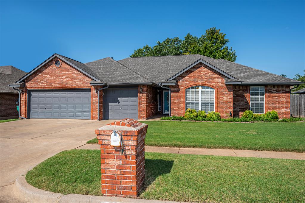Great location just minutes from I-240 and Tinker!!!!  Lovely home with updated colors and easy maintenance wood look vinyl plank flooring!  Large kitchen with pantry, gas stove, microwave, and disposal.  Comfortable living area with fireplace with gas logs. Primary suite is large with Australian closet, double vanities, and updated marble look walk-in shower with built-in seat.  Bedrooms 2 and 3 are a nice size.  All bedrooms have ceiling fans.  Secondary bath has tub and shower combo. Nice utility room with storage.  The new roof is only 4 months old.  There is a large screened in patio.  A storage shed.  Storm shelter in garage floor.  Fully guttered.  There is a neighborhood pool for fun in the summer!!!!  Don't miss out on this one. It is move-in ready!