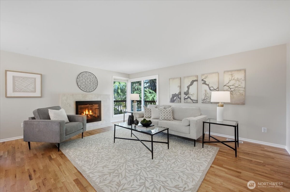 Cozy wood burning fireplace in family room