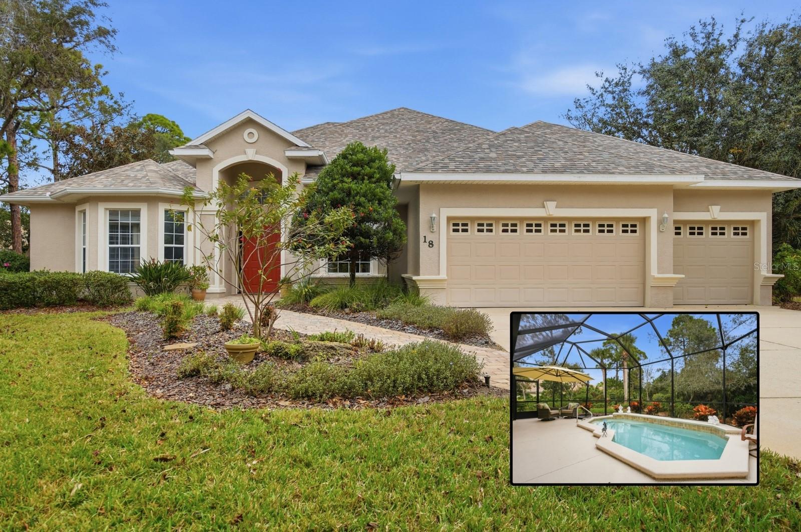 Beautifully maintained single-level home offering 4 bedrooms and 3 bathrooms, ideally situated at the end of a cul-de-sac. The open floor plan features 2,796 square feet of heated living space (3,859 total square feet) with 10-foot ceilings throughout.The home includes a 3-car garage with mounted ceiling storage and a built-in workbench. Enjoy seamless indoor-outdoor living with a covered, screened lanai and solar-heated pool overlooking the 5th hole of the Grand Haven Jack Nicklaus Signature Golf Course.Recent upgrades provide peace of mind and energy efficiency, including a new roof (04/2024, transferable warranty), solar panels (04/2024), A/C replacement (06/2023), hot water heater (01/2026), Rainbird irrigation timer/control panel (12/2025), and lanai screen (07/2019).This well-appointed residence combines comfort, functionality, and scenic golf course living all on one level.