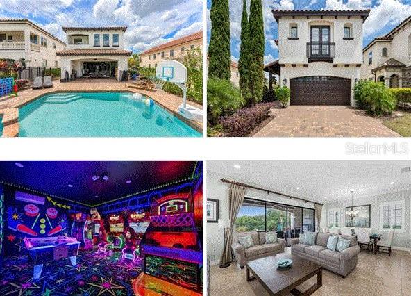 CUSTOM HOME**ACTIVE REUNION RESORT MEMBERSHIP** *PRICED BELOW MARKET VALUE FOR QUICK SALE.  OVER 3300 square feet with pristine GOLF COURSE views and nestled in the Highly Desirable Fairway Ridge Portion of Reunion Resort. Don’t settle for anything less than this spectacular custom-built home. You will not find this level of attention to detail and charm in any home of this size. EXTREMLY WELL MAINTAINED WITH NEW THEMED GARAGE MAKE OVER! The pool and outdoor space really stands out for style and size. Respectfully, the pictures do not tell the real story. The home has been energized with brand new paint inside and out. The Zen feeling in the home promotes a truly calm and tranquil feeling. When walking into the home your eyes are instantly drawn down the custom hallway into the large gathering space. The calm color palette is inviting and makes you start realizing there is something different about this home. The first-floor bedroom and that is hidden behind a secret hidden doorway. Once you discover the bedroom, you will want to see more of the home. The custom wood archway flows into a large open floor plan. Custom kitchen wood cabinetry, stainless steel appliances, granite countertops, and an island that should have its own zip code. Tons of seating for a quick bite or enjoying a glass of wine while a private chef entertains. Across from the kitchen behind a glass door there is a separate custom wine closet and storage area outfitted with a custom wine fridge. The living room is arranged with form and function in mind. A large comfortable sitting area with perfectly picked out furniture lets you know that not a detail was missed. The first-floor windows are also nicely accented with plantation shutters. After the inside of the property captures you, make your way outside through the oversized sliding glass door to the pool area. A covered lanai that is the width of the home shades you from the Florida rays. The pool and hot tub overlook the Nicklaus golf course and is the perfect place for some private swimming and lounging. The second floor is introduced to you by a wooden staircase and then you are greeted by a large loft area. The Master has a large walk-in closet and large master bath. There is also an oversized shower area. The back of the home also features a private master bedroom balcony which is the perfect escape for a early morning coffee. Reunion has it all! Three Signature Golf Courses- The Watson, The Palmer and The Nicklaus weave their way through the rolling landscape of the resort. The Tree lined streets make for great long walks or bike rides. Reunion boasts great dining options from a ROOF TOP TAPAS RESTURANT AND BAR, to THE CHOP HOUSE. Maybe its sushi in the lobby or a trip to a Reunion Hot Spot- THE NICKLAUS CLUBHOUSE. A Golf Cart Friendly community that is filled with activities for all, including Tennis, Putt-Putt, Pickle Ball, Member Events, Parties and a waterpark. If living or visiting Reunion, remember it is super close to theme-parks, shopping, and beaches. A Gated Community that works hard on staying the nicest in the area. This property is in a short-term rental program- which can really help it make sense when you not using it. The home will come fully furnished. Schedule a viewing today. It is in a STR program and does come with an ***ACTIVE REUNION RESORT MEMBERSHIP*** RENTAL INFORMATION AVAILABLE UPON REQUEST