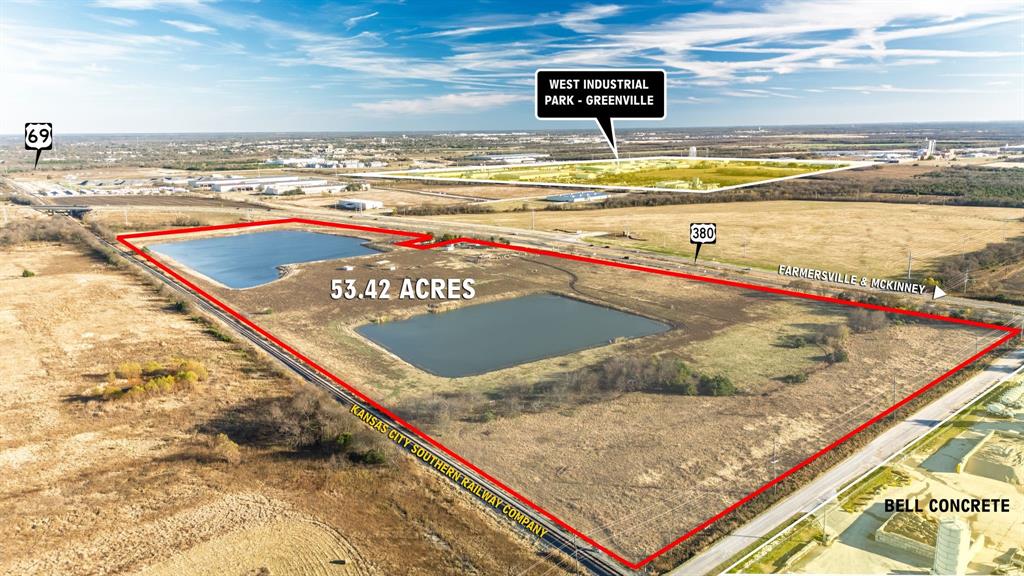 Positioned just outside the Greenville city limits, this 54-acre tract offers an exceptional commercial or industrial development opportunity with high-visibility frontage on US Highway 380 and CR 1063! The property is strategically bordered by the Kansas City Southern Railway to the North and sits directly across from Greenville’s major industrial corridors! This site provides unmatched regional connectivity with immediate access to US Hwy 380, I-30, US Hwy 69, and Hwy 34, enabling efficient transportation routes in all directions. Strong traffic counts and steady growth throughout the Greenville area highlight the site’s potential for a large-footprint distribution hub, manufacturing facility, or mixed commercial development. Unique natural features set this property apart, including two substantial lakes—approximately 11 acres and 5 acres in size—offering an abundant on-site groundwater supply and added flexibility for future development. Greenville is a rapidly expanding community located just 45 miles Northeast of Dallas and 30 miles east of McKinney, with two major airports less than an hour away! There is a current population of over 32,000 alongside ongoing residential and industrial expansion, the area is primed for long-term growth and investment. A rare large-acreage tract with superior transportation access and limitless development possibilities—this is a standout investment in one of North Texas’s fastest-growing markets.